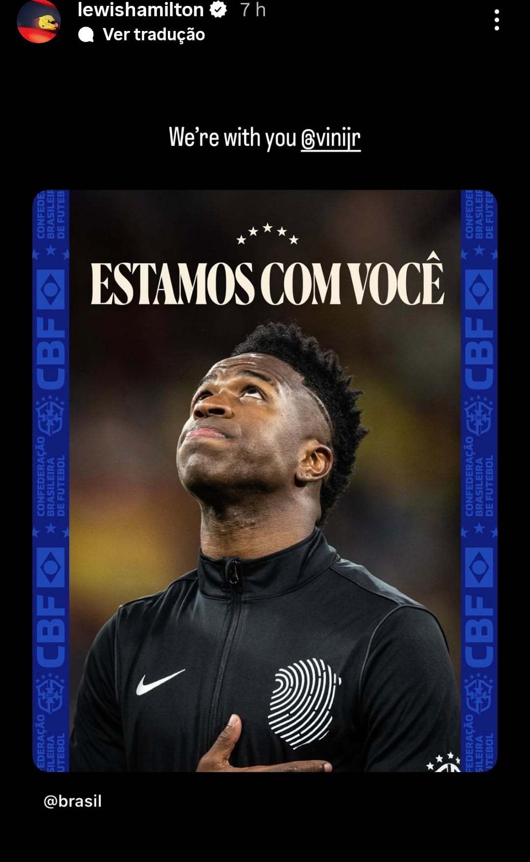 F1: Hamilton mostra apoio a Vini Jr nas redes sociais após episódio de racismo