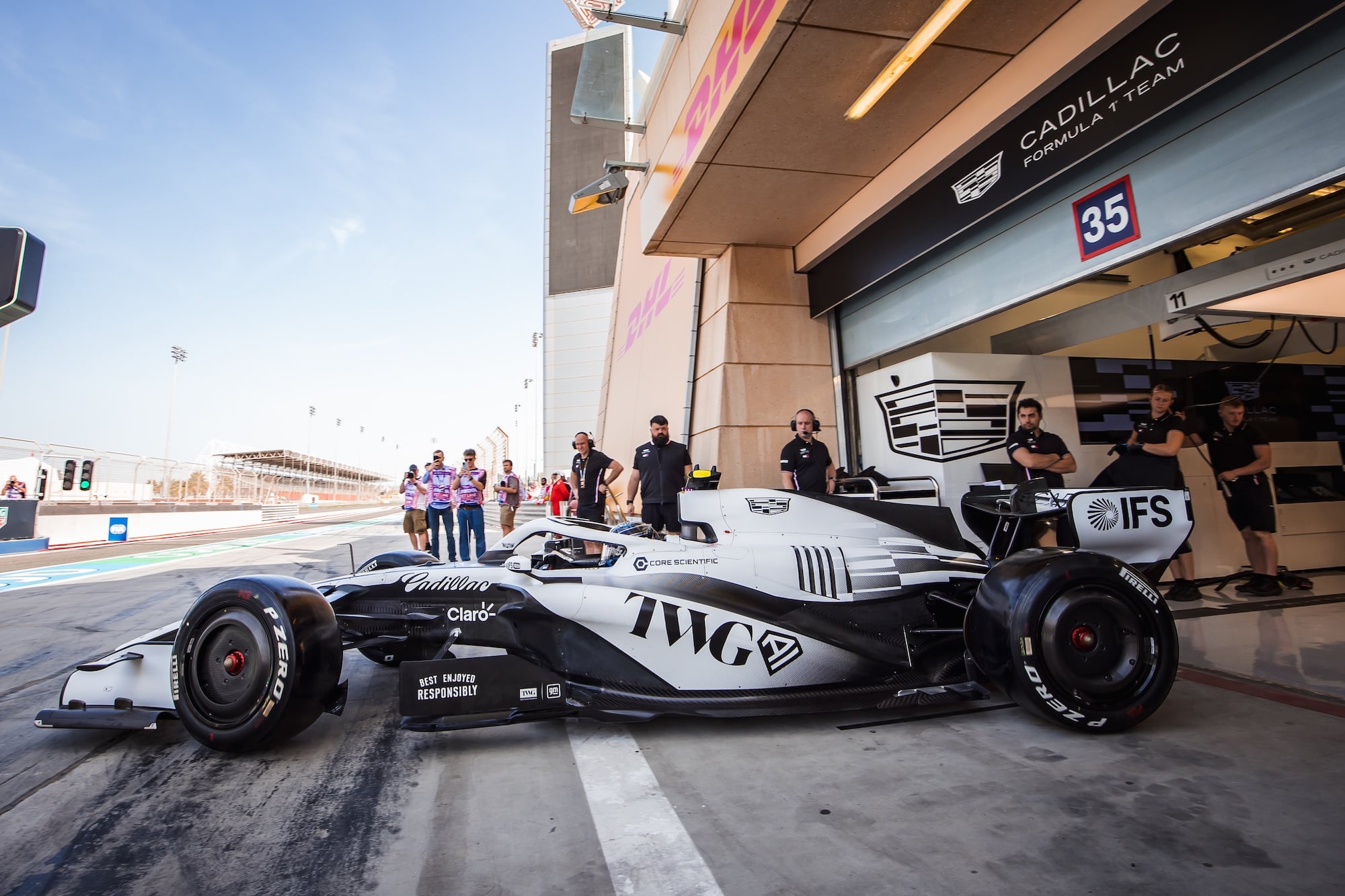 Valtteri Bottas (FIN) Cadillac Formula 1 Team Car leaves the pits.