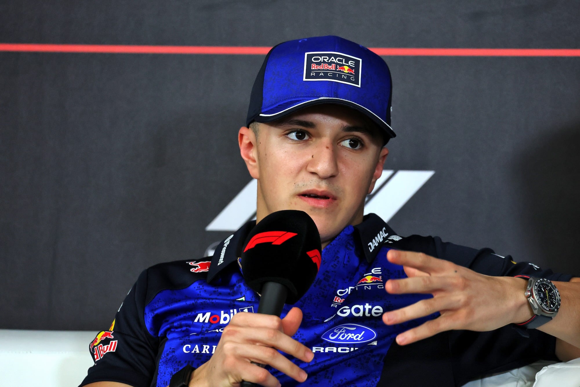 Isack Hadjar (FRA) Red Bull Racing in the FIA Press Conference.