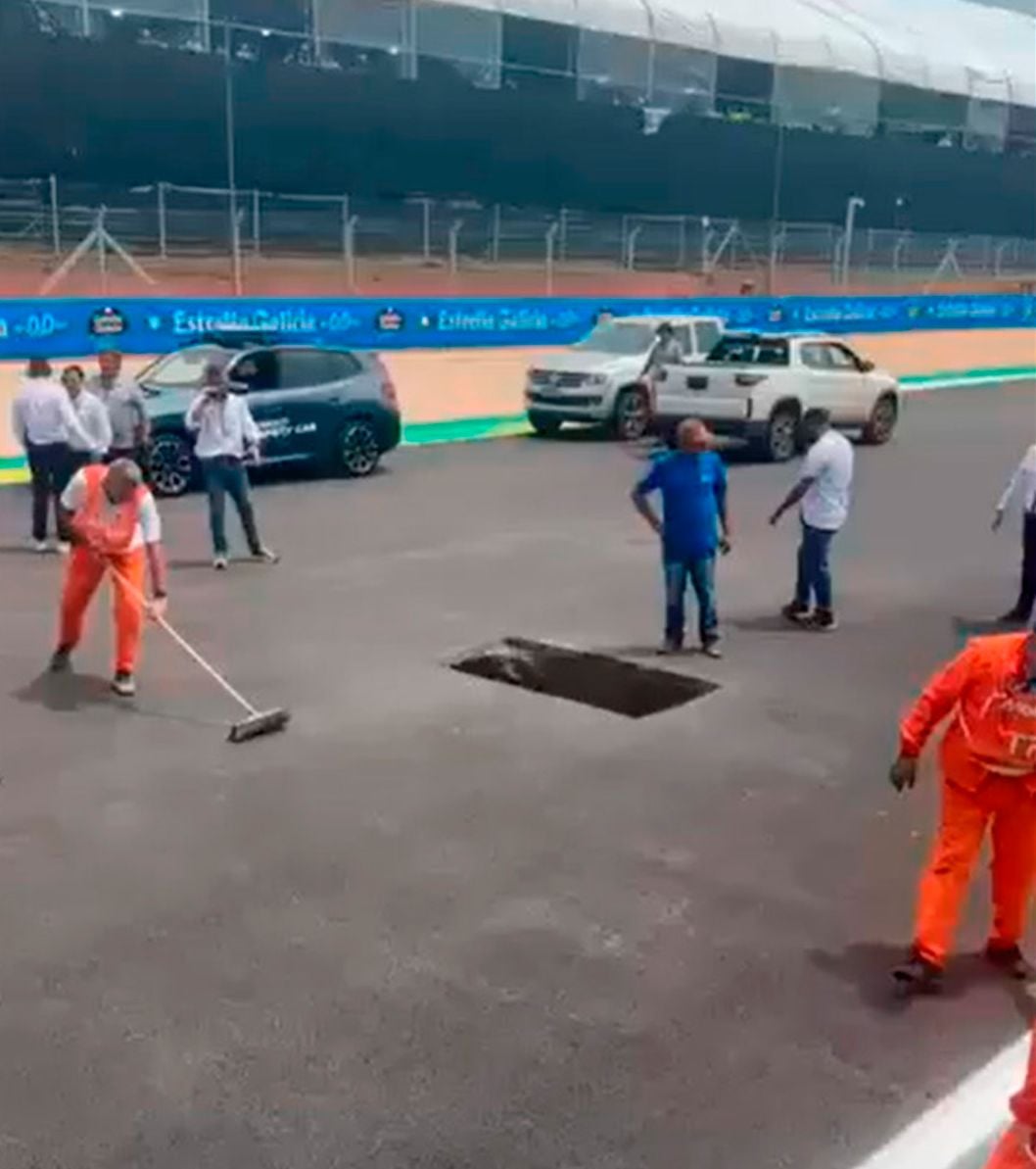 Problema no asfalto em reta dos boxes atrasa atividades da MotoGP em Goiânia Buraco MotoGP