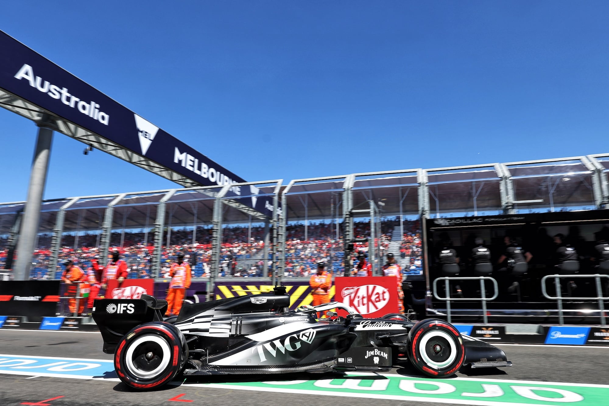 Sergio Perez (MEX) Cadillac Formula 1 Team MAC-26 leaves the pits.