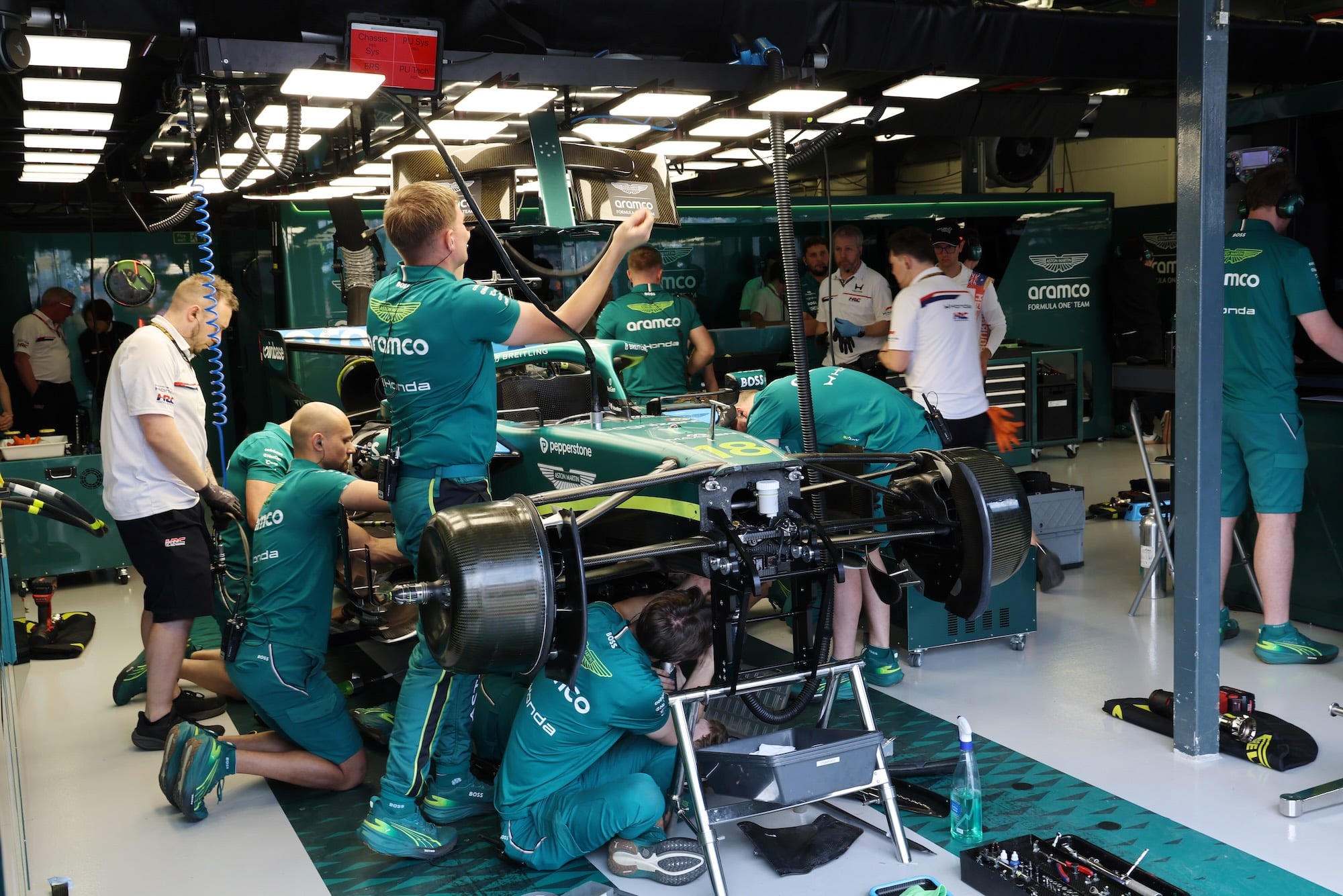 Aston Martin F1 Team AMR26 of Lance Stroll (CDN) worked on in the third practice session.