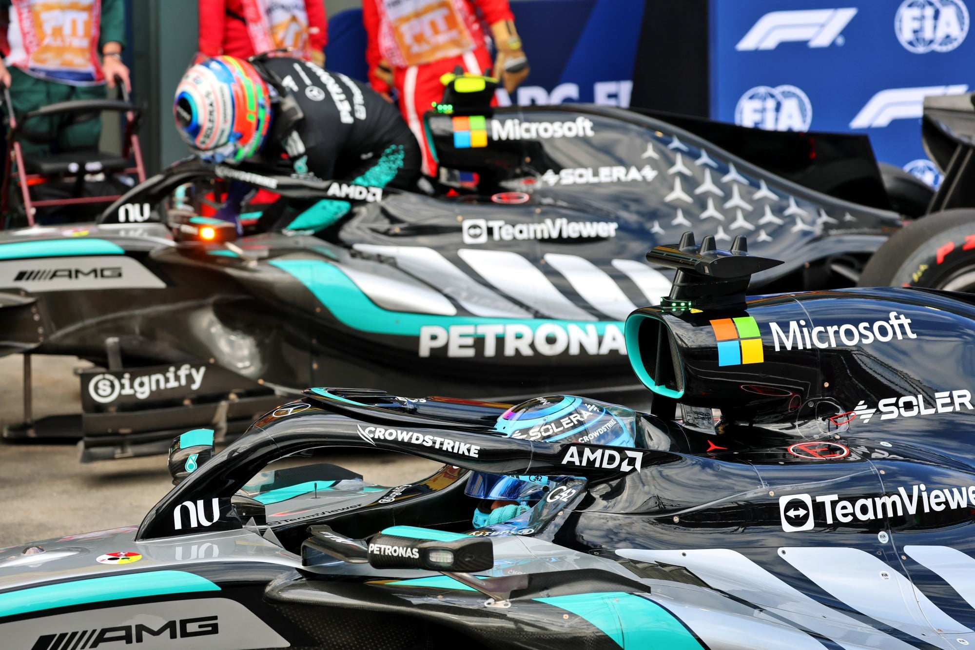 Pole sitter George Russell (GBR) Mercedes AMG Formula One Team W17 with second placed team mate Andrea Kimi Antonelli (ITA) Mercedes AMG Formula One Team W17 in qualifying parc ferme.
