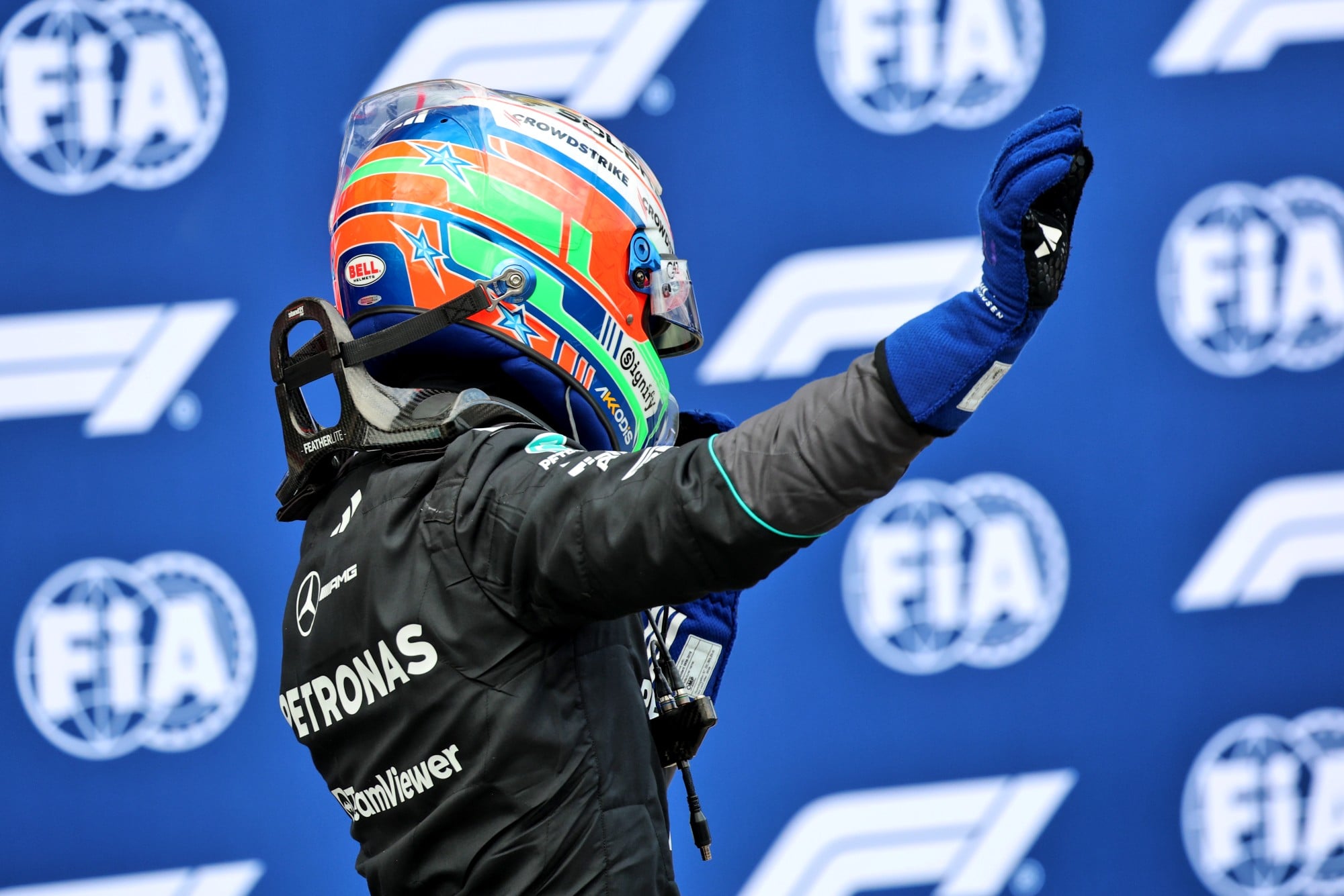 Andrea Kimi Antonelli (ITA) Mercedes AMG Formula One Team celebrates his second position in qualifying parc ferme.