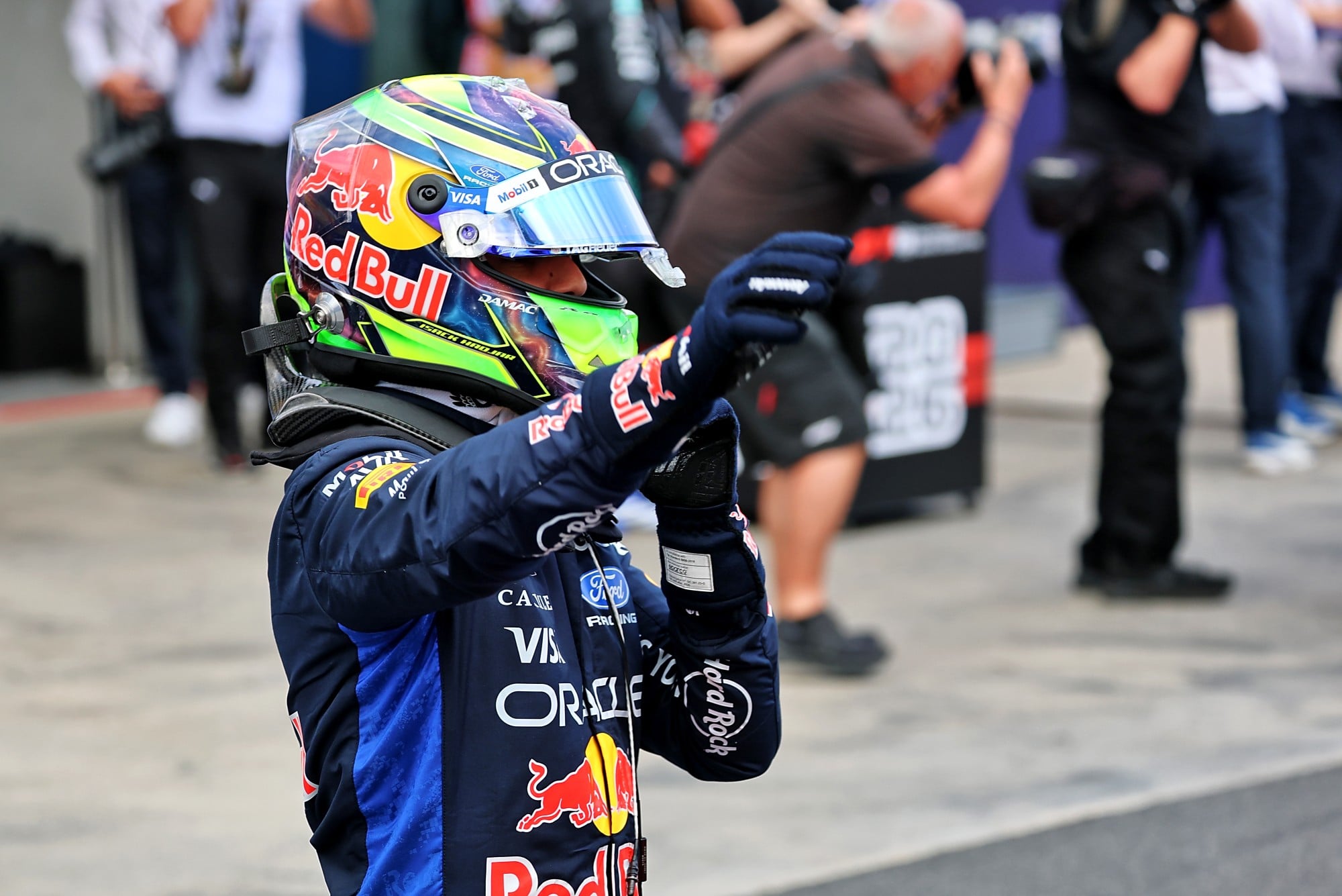 Isack Hadjar (FRA) Red Bull Racing celebrates his third position in qualifying parc ferme.