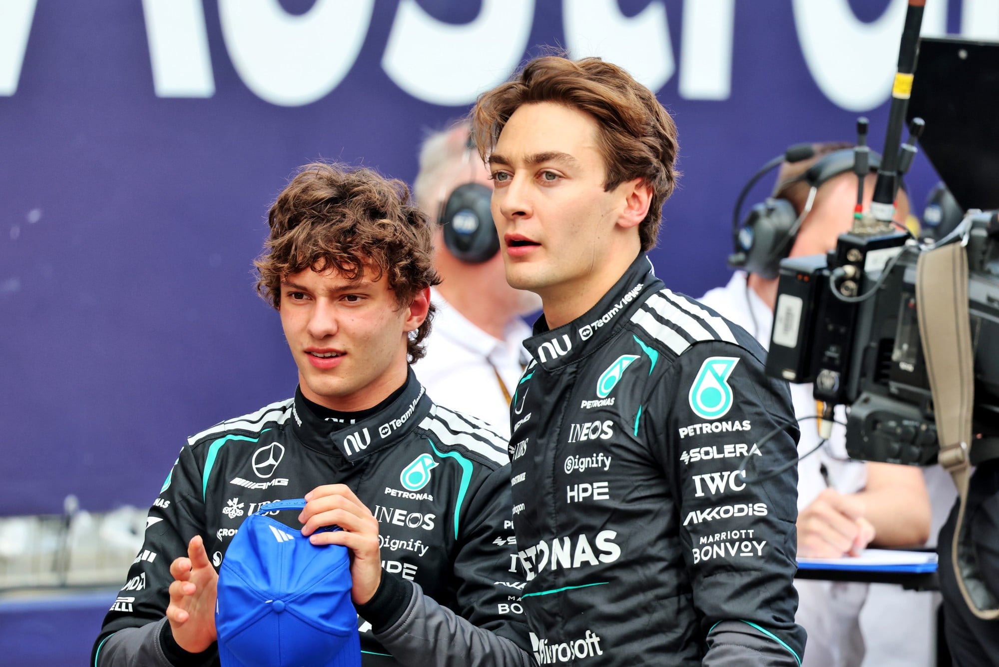 Pole sitter George Russell (GBR) Mercedes AMG Formula One Team (Right) in qualifying parc ferme with second placed team mate Andrea Kimi Antonelli (ITA) Mercedes AMG Formula One Team.