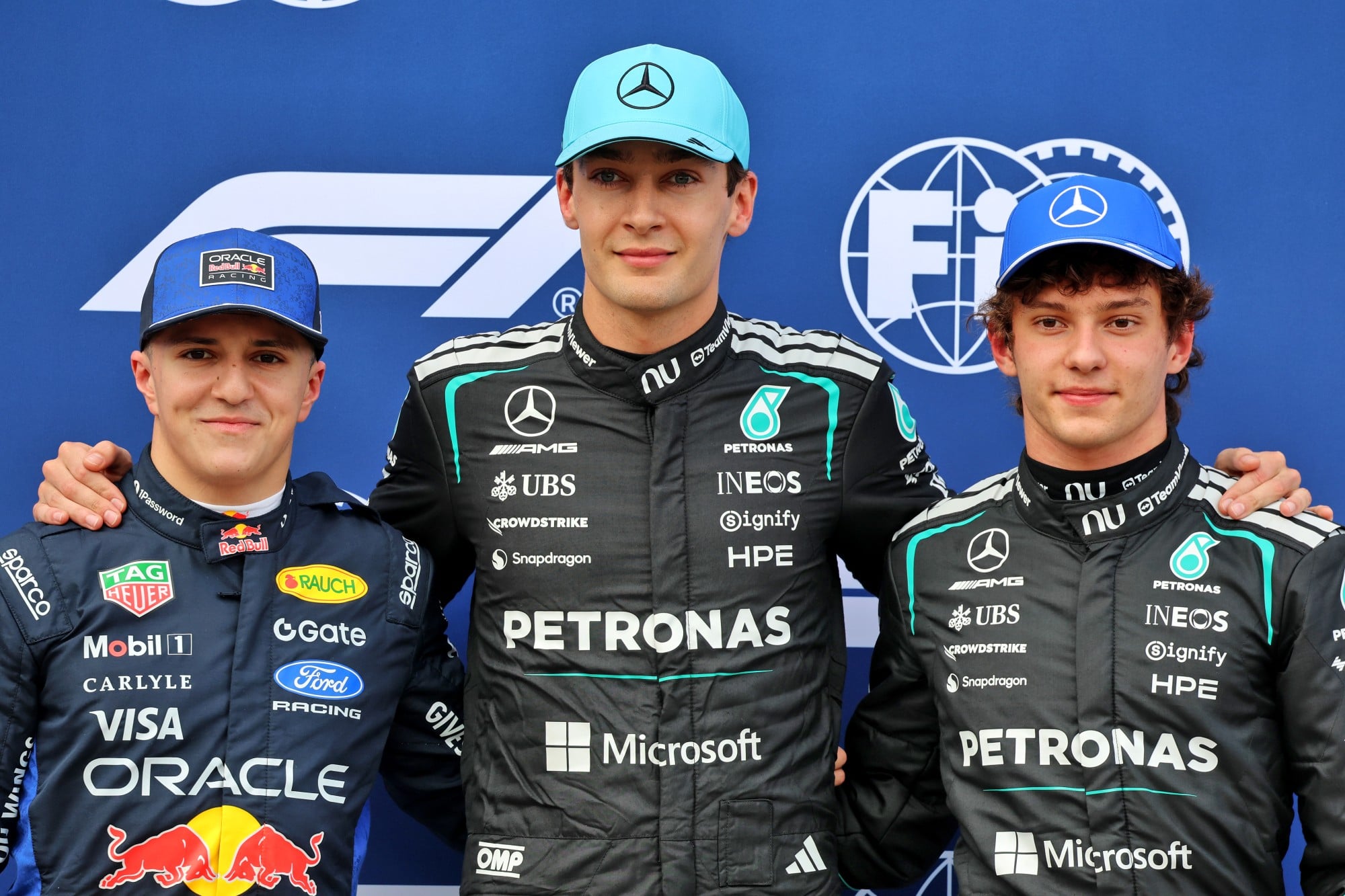 Qualifying top three in parc ferme (L to R): Isack Hadjar (FRA) Red Bull Racing, third; George Russell (GBR) Mercedes AMG Formula One Team, pole position; Andrea Kimi Antonelli (ITA) Mercedes AMG Formula One Team, third.