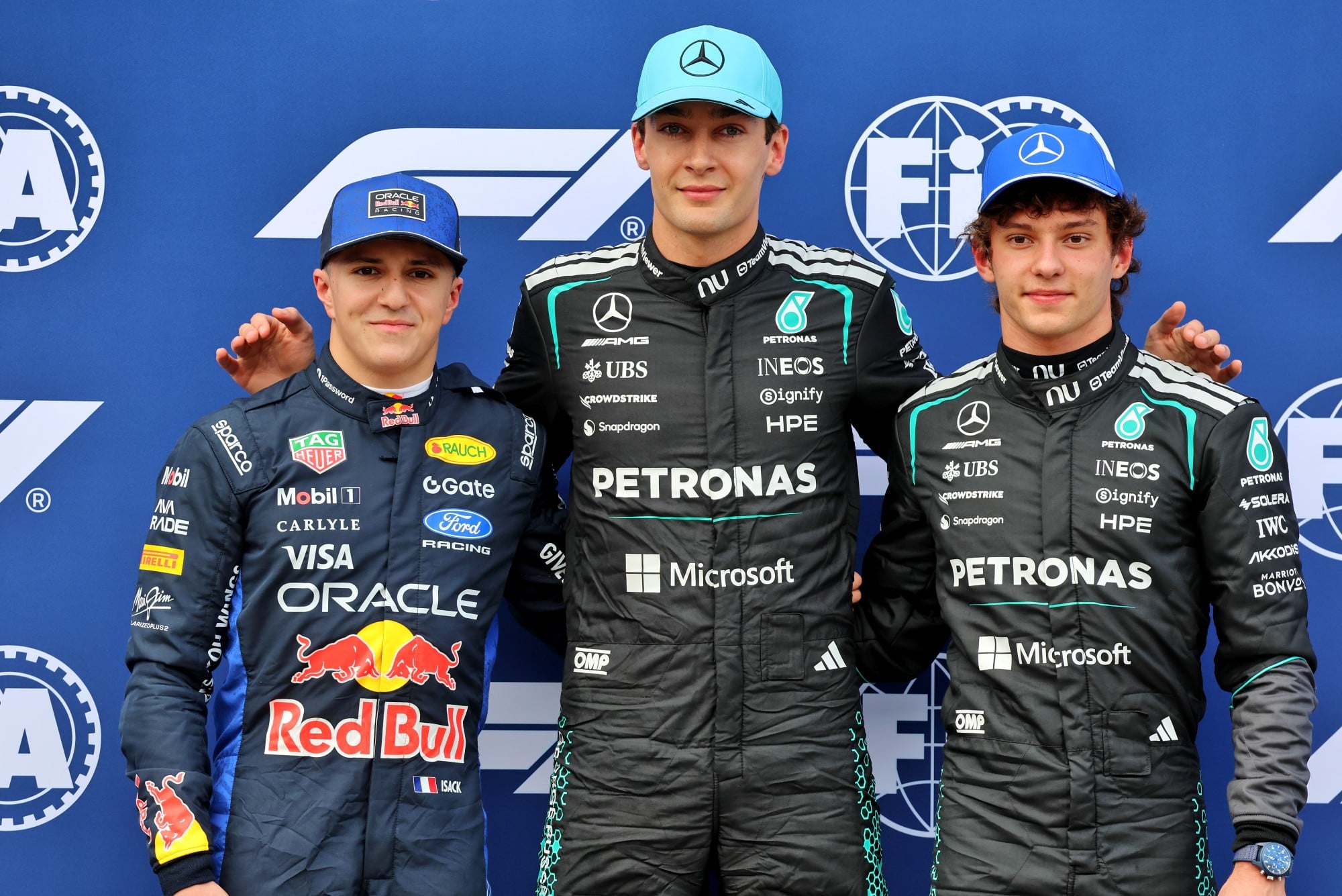 Qualifying top three in parc ferme (L to R): Isack Hadjar (FRA) Red Bull Racing, third; George Russell (GBR) Mercedes AMG Formula One Team, pole position; Andrea Kimi Antonelli (ITA) Mercedes AMG Formula One Team, third.