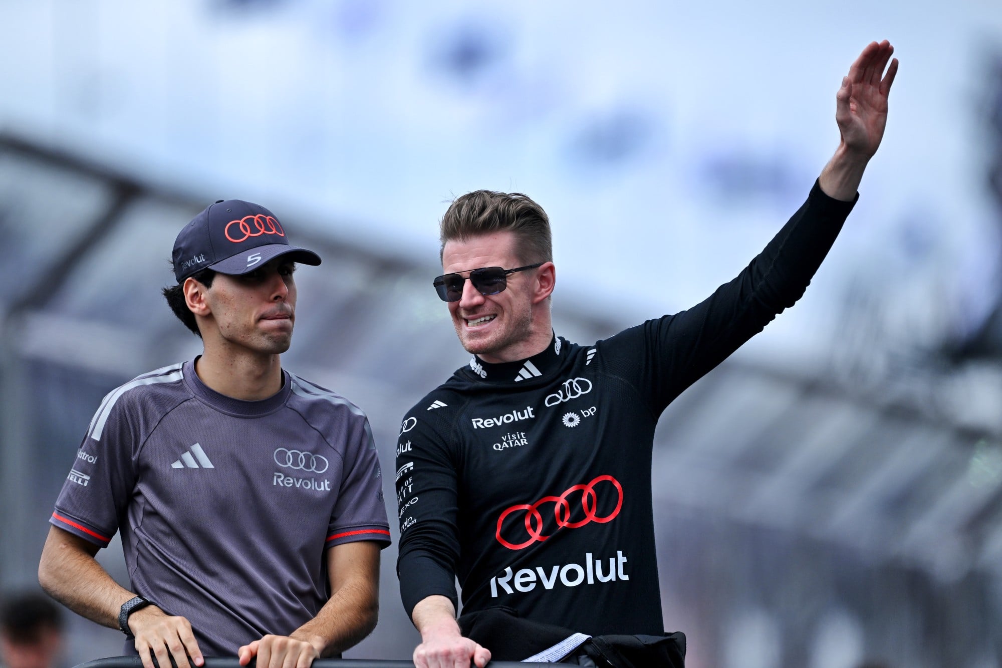 (L to R): Gabriel Bortoleto (BRA) Audi F1 Team with Nico Hulkenberg (GER) Audi F1 Team on the drivers' parade.