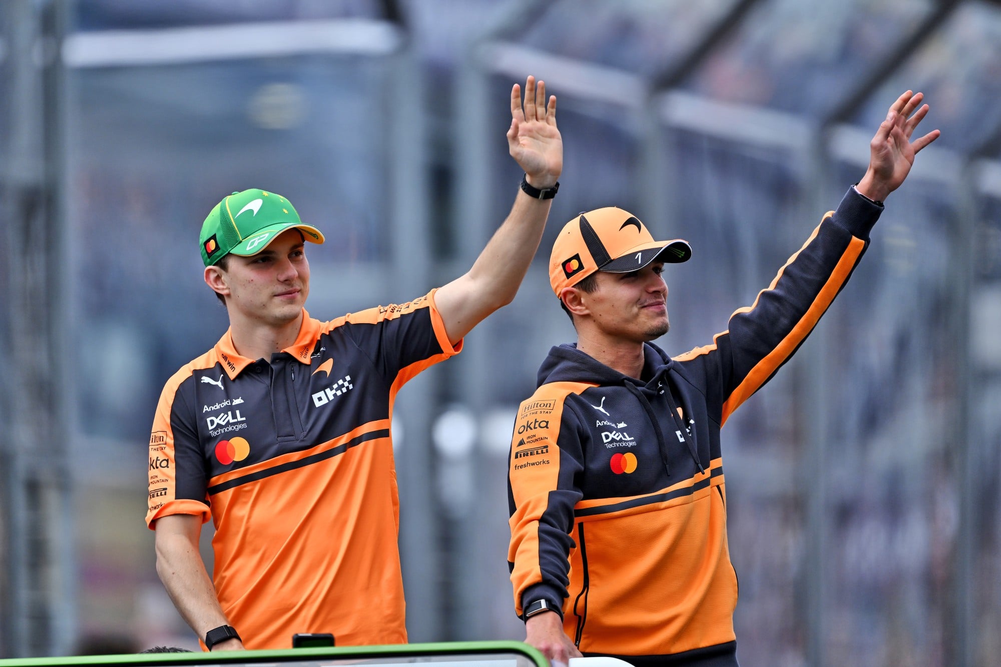 (L to R): Oscar Piastri (AUS) McLaren F1 Team and Lando Norris (GBR) McLaren F1 Team on the drivers' parade.