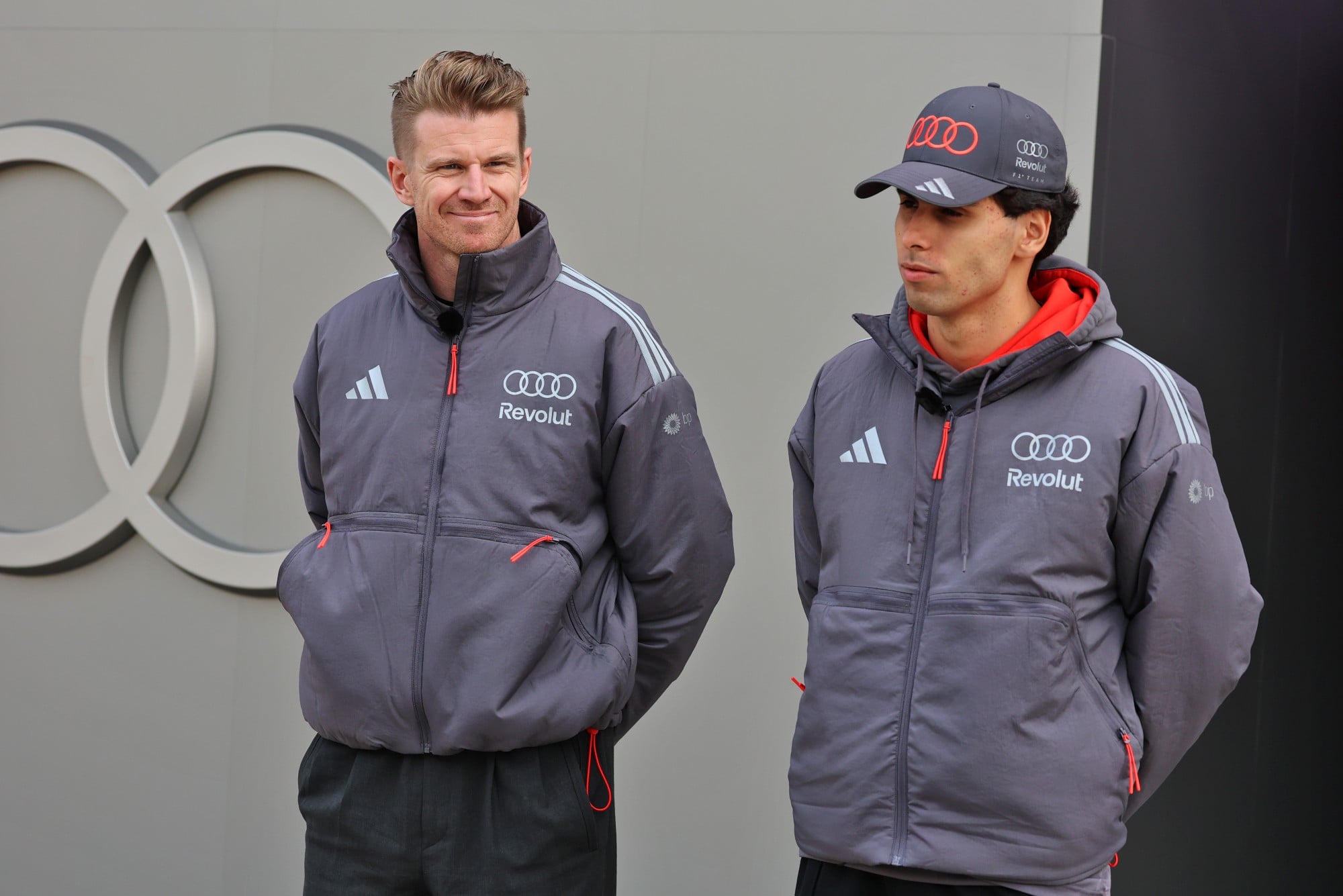 (L to R): Nico Hulkenberg (GER) Audi F1 Team with team mate Gabriel Bortoleto (BRA) Audi F1 Team.