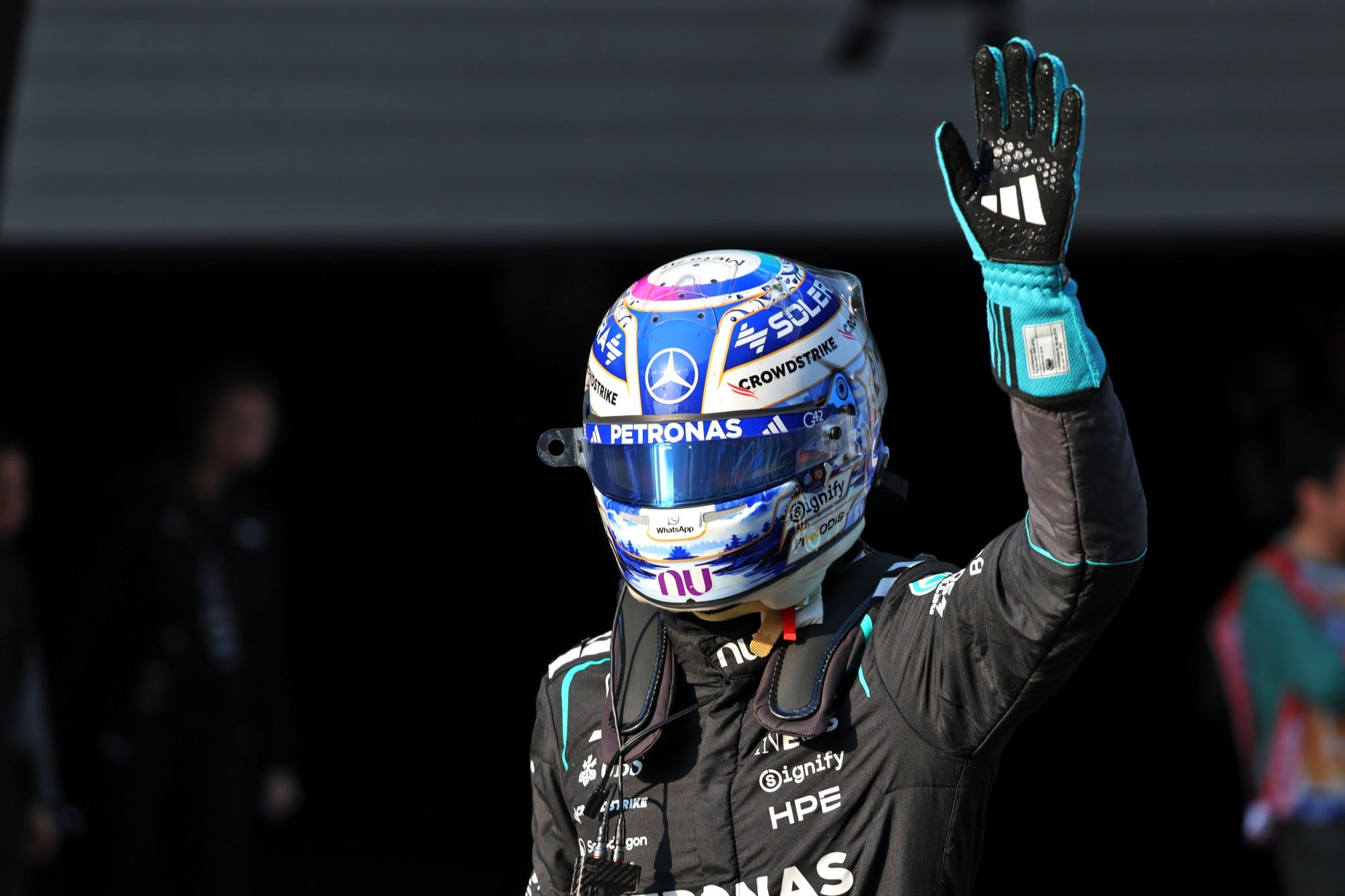 George Russell (GBR) Mercedes AMG Formula One Team celebrates his pole position in Sprint qualifying parc ferme.