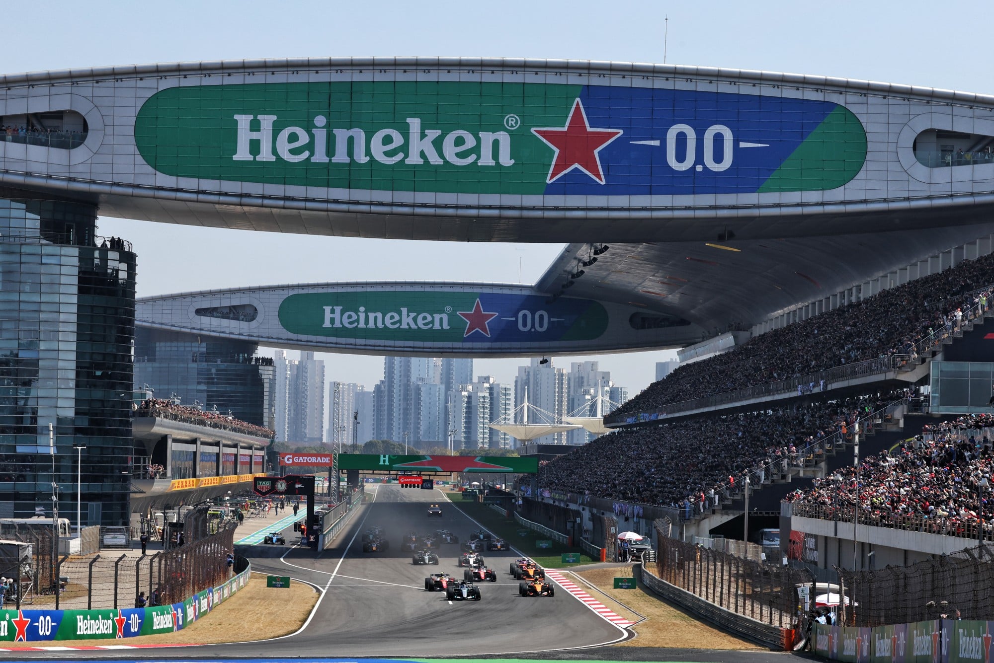 George Russell (GBR) Mercedes AMG Formula One Team W17 leads at the start of Sprint.