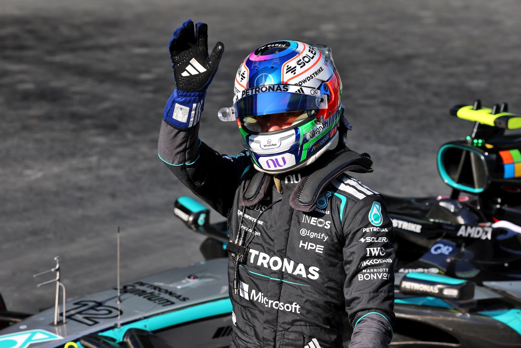 Andrea Kimi Antonelli (ITA) Mercedes AMG Formula One Team celebrates his pole position in qualifying parc ferme.