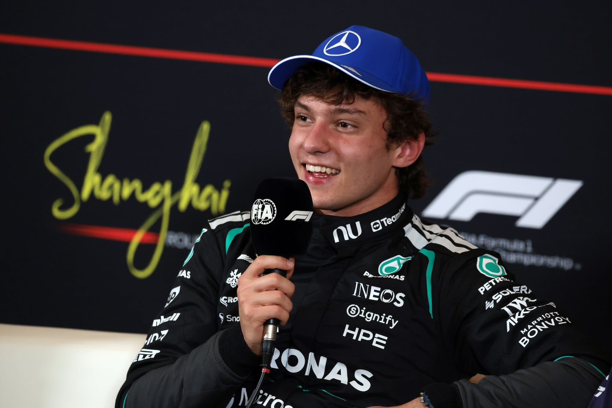 Andrea Kimi Antonelli (ITA) Mercedes AMG Formula One Team in the post qualifying FIA Press Conference.