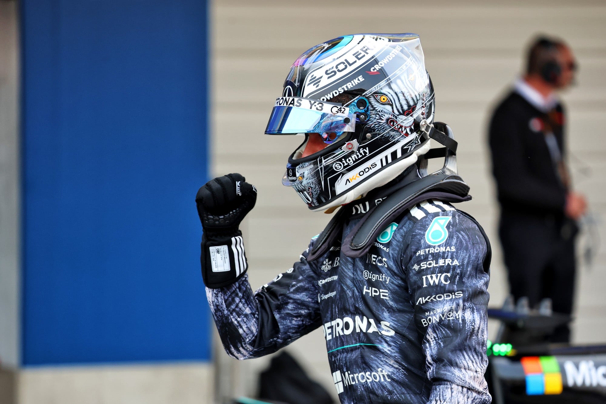 Andrea Kimi Antonelli (ITA) Mercedes AMG Formula One Team celebrates his pole position in qualifying parc ferme.