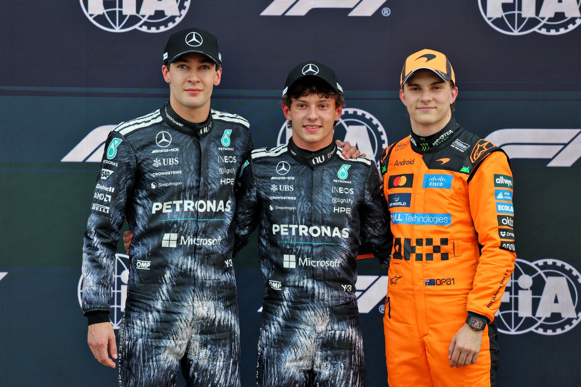 Qualifying top three in parc ferme (L to R): George Russell (GBR) Mercedes AMG Formula One Team, second; Andrea Kimi Antonelli (ITA) Mercedes AMG Formula One Team, pole position; Oscar Piastri (AUS) McLaren F1 Team, third.