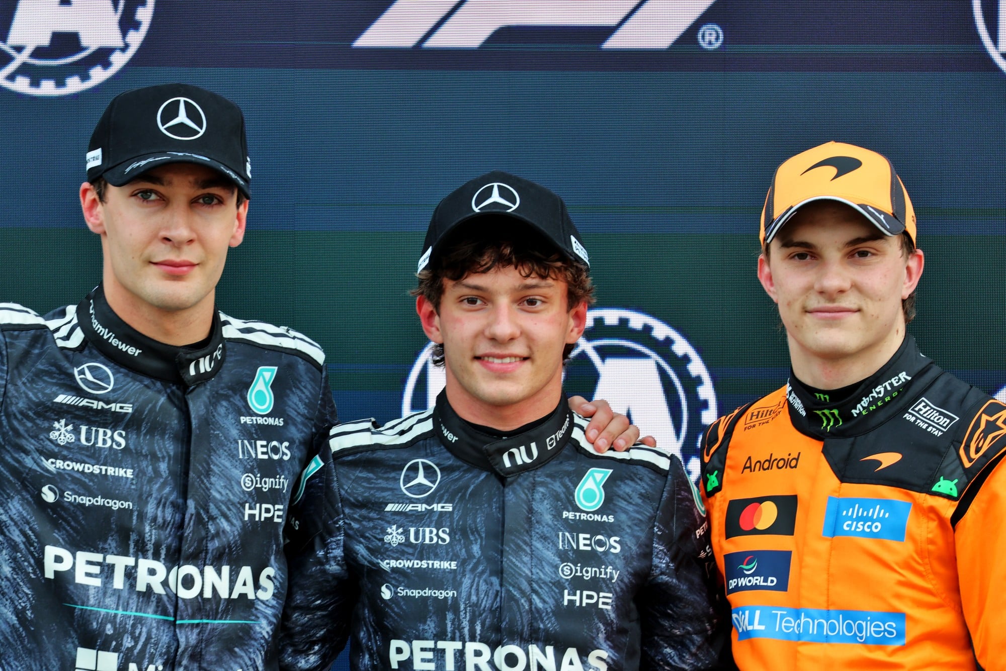 Qualifying top three in parc ferme (L to R): George Russell (GBR) Mercedes AMG Formula One Team, second; Andrea Kimi Antonelli (ITA) Mercedes AMG Formula One Team, pole position; Oscar Piastri (AUS) McLaren F1 Team, third.