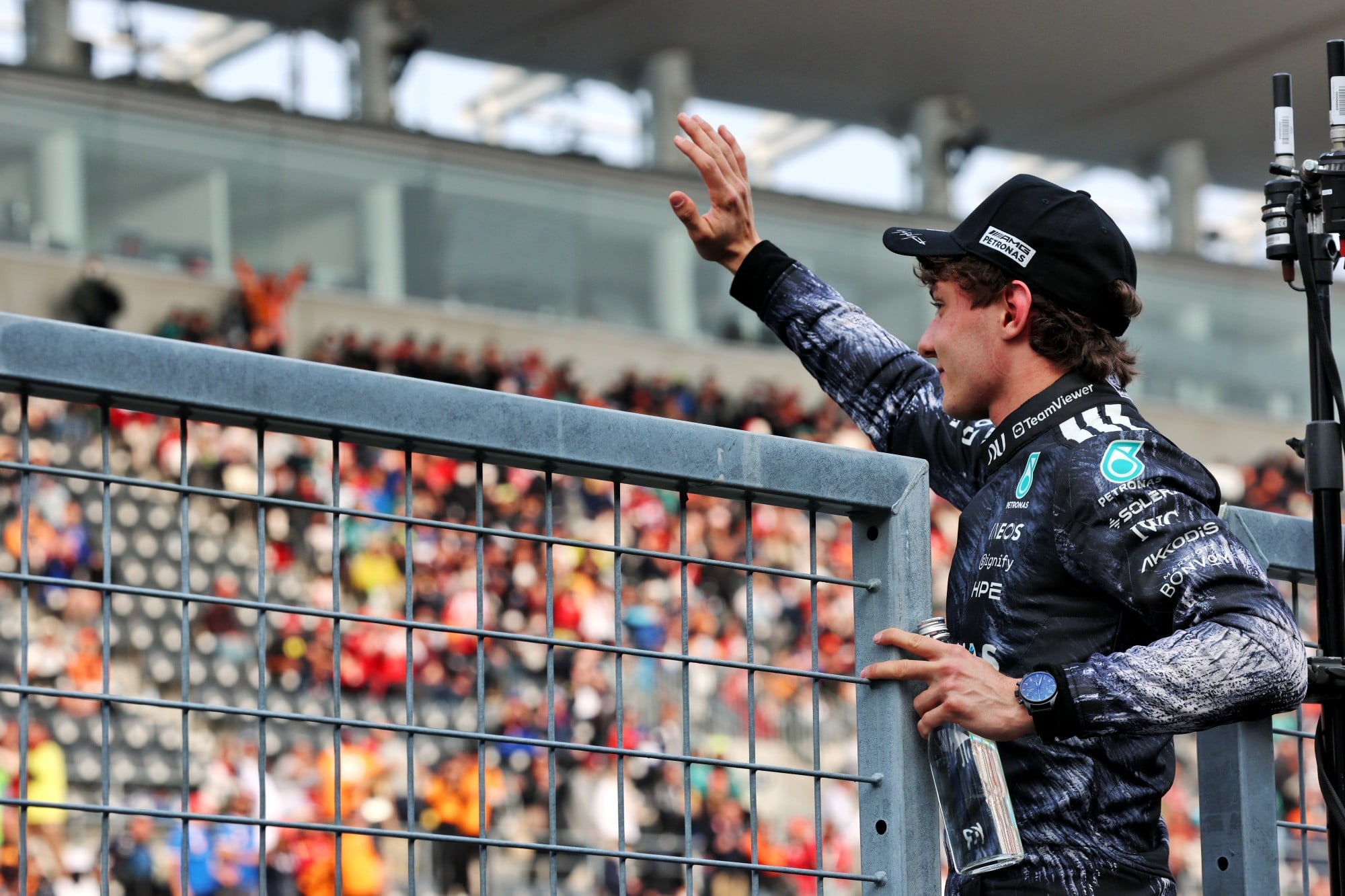 Andrea Kimi Antonelli (ITA) Mercedes AMG Formula One Team celebrates his pole position in qualifying parc ferme.