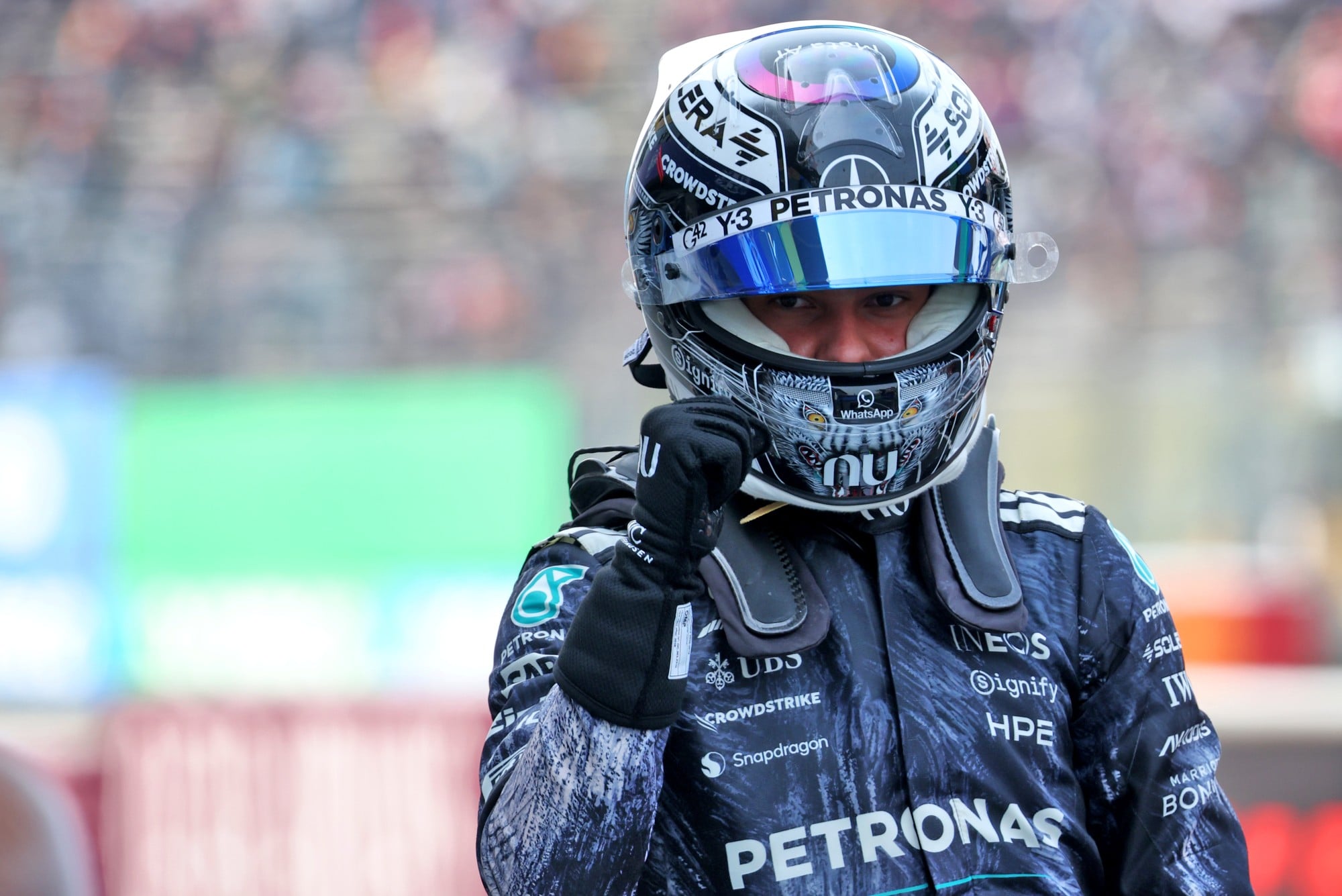 Andrea Kimi Antonelli (ITA) Mercedes AMG Formula One Team celebrates his pole position in qualifying parc ferme.