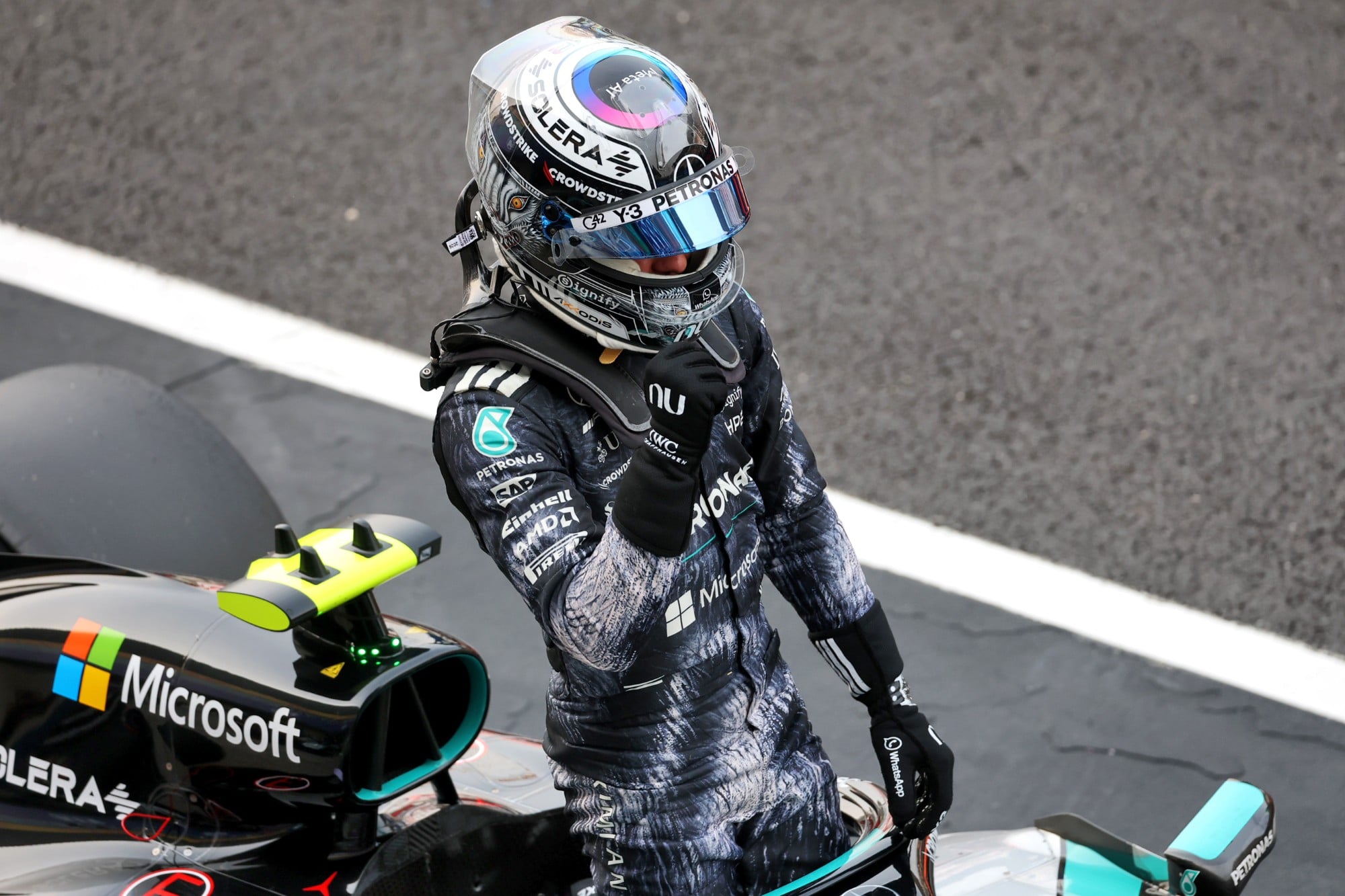 Andrea Kimi Antonelli (ITA) Mercedes AMG Formula One Team celebrates his pole position in qualifying parc ferme.
