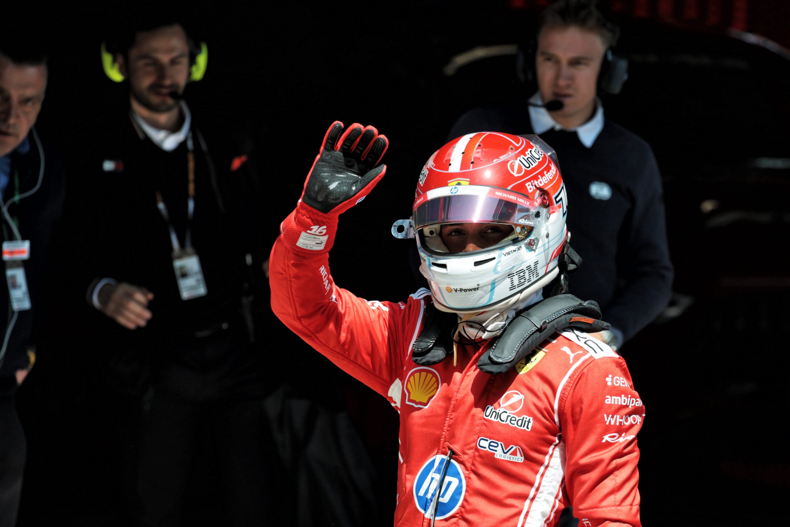 Charles Leclerc (MON) Scuderia Ferrari celebrates his second position in Sprint parc ferme.