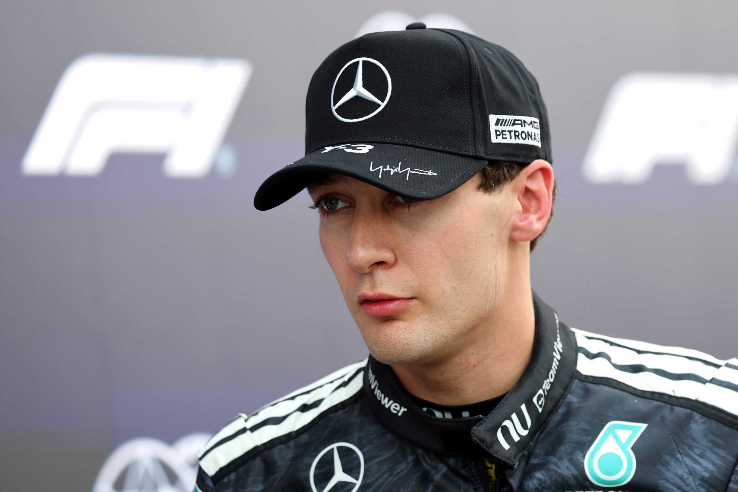 George Russell (GBR) Mercedes AMG Formula One Team in qualifying parc ferme.