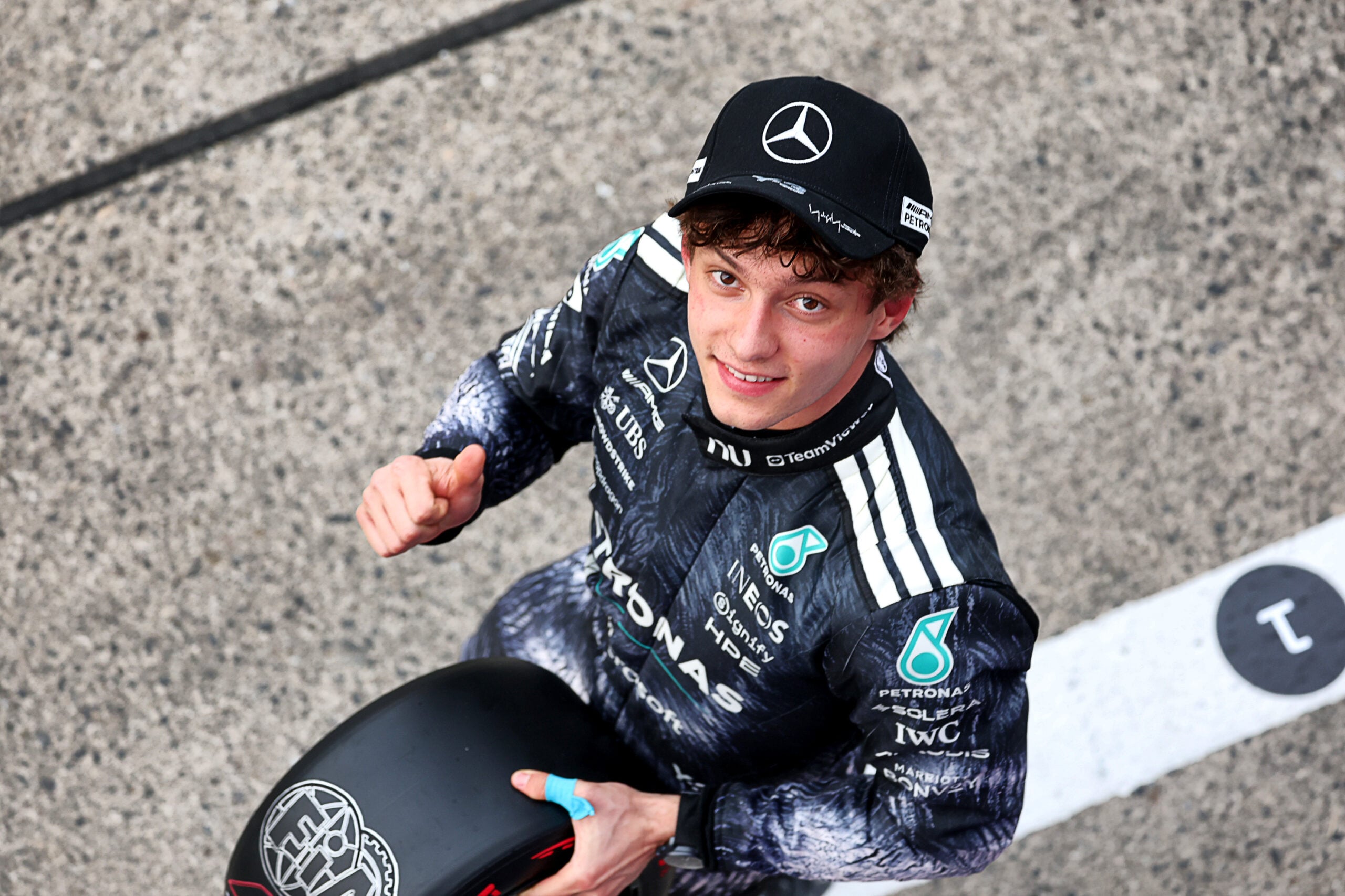 Andrea Kimi Antonelli (ITA) Mercedes AMG Formula One Team celebrates his pole position in qualifying parc ferme.