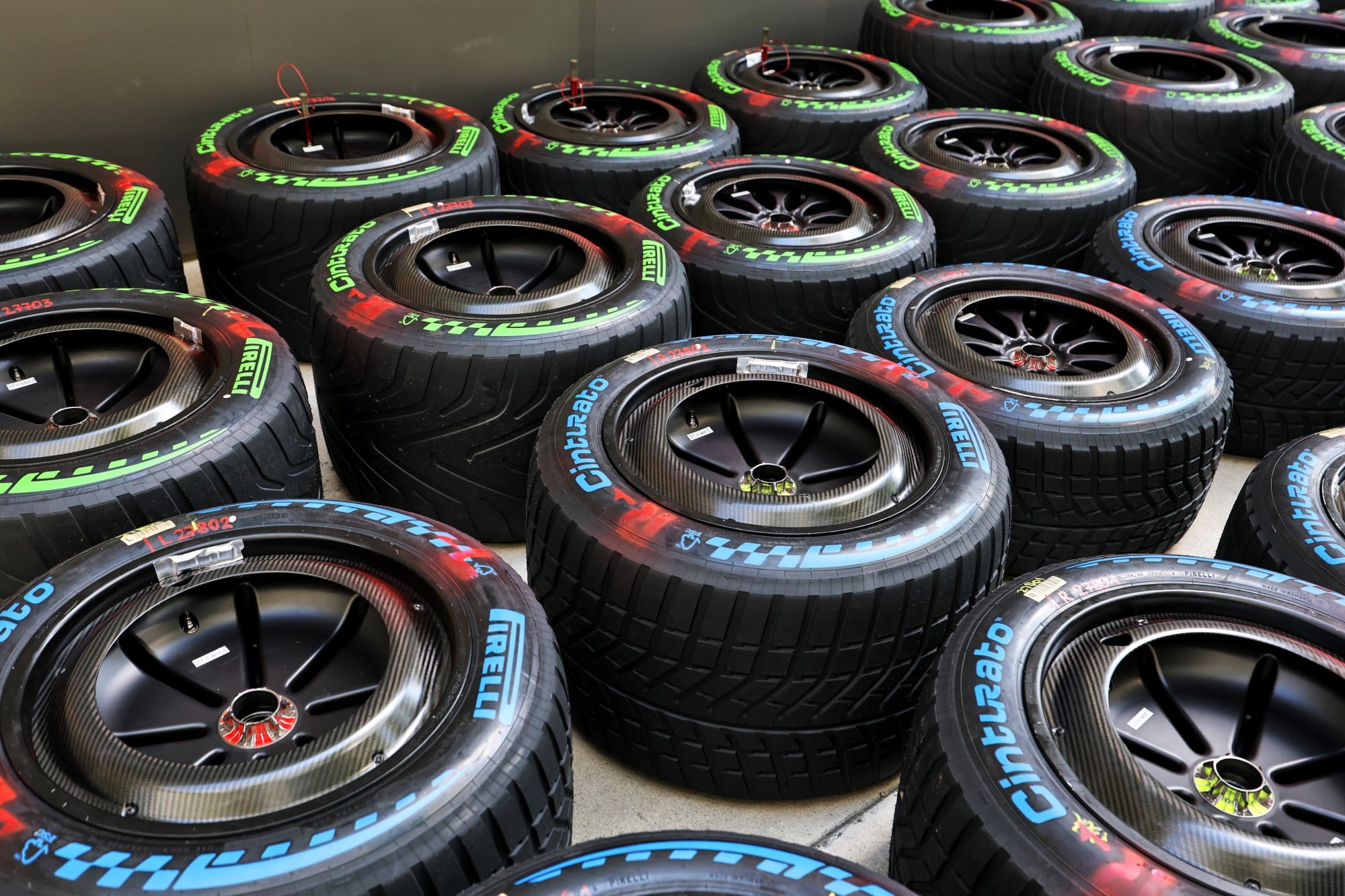 Wet and intermediate Pirelli tyres.