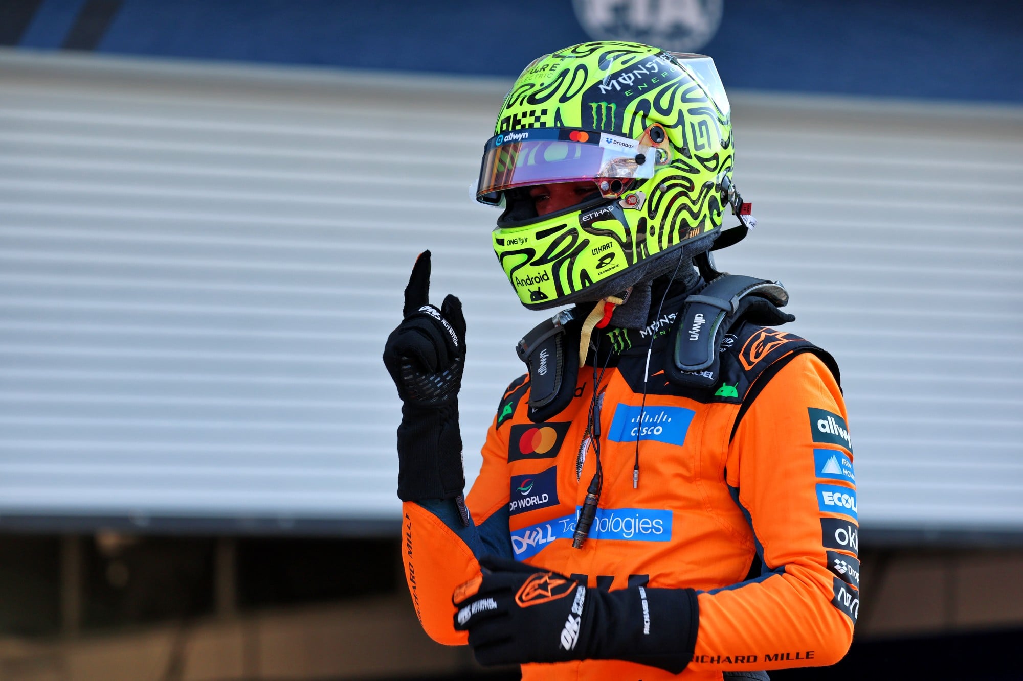 Lando Norris (GBR) McLaren F1 Team celebrates his pole position in Sprint qualifying parc ferme.