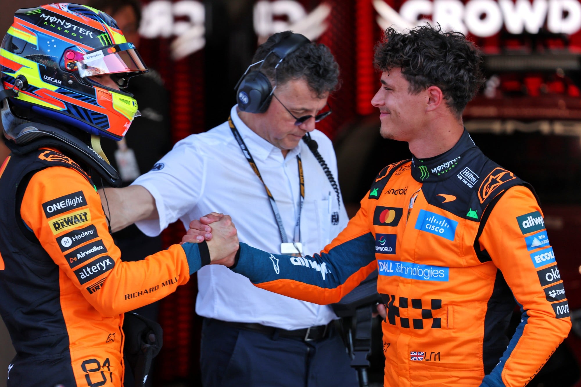 (L to R): Oscar Piastri (AUS) McLaren F1 Team with team mate and Sprint qualifying pole sitter Lando Norris (GBR) McLaren F1 Team in parc ferme.