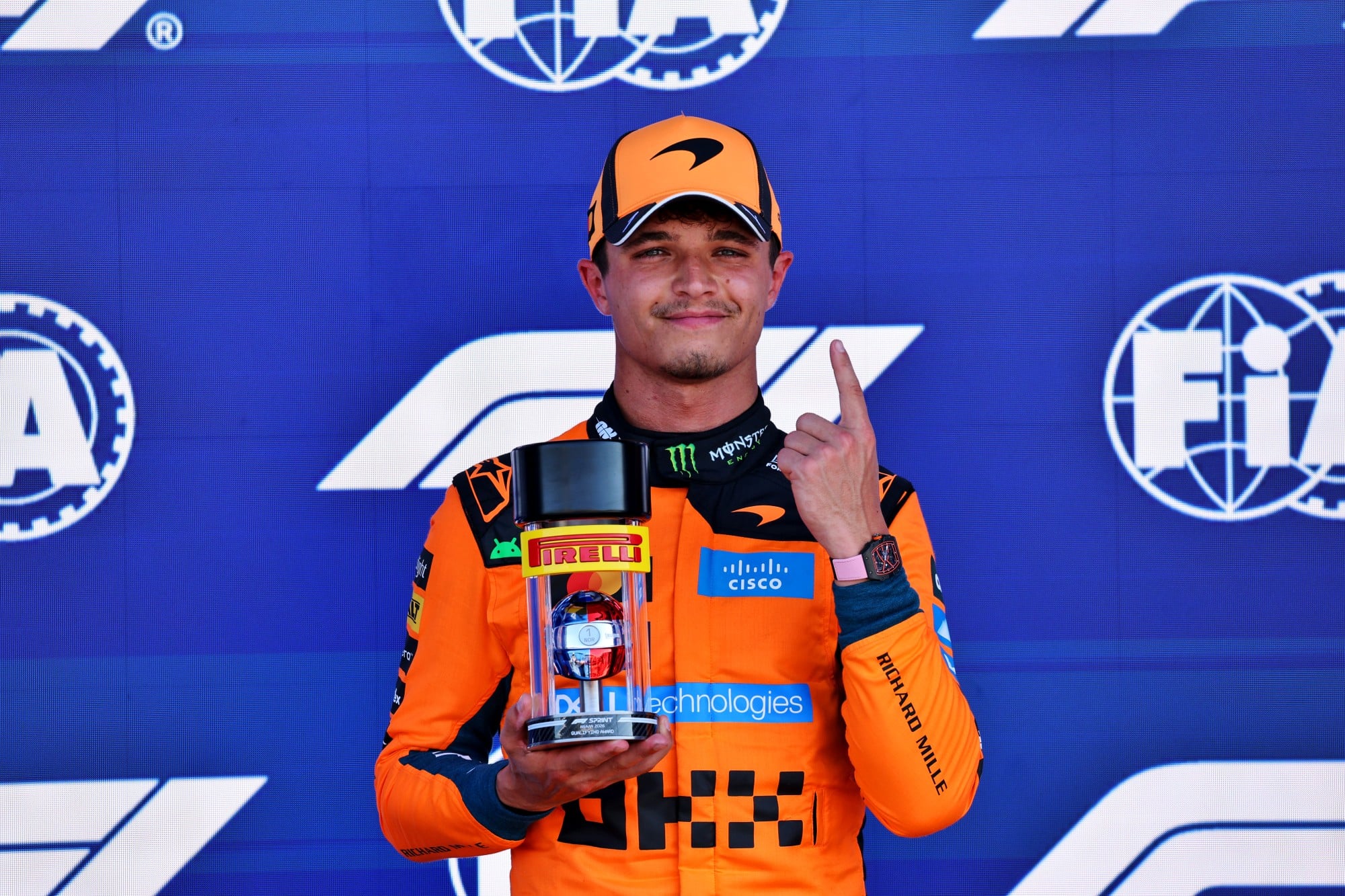Lando Norris (GBR) McLaren F1 Team celebrates his pole position in Sprint qualifying parc ferme.