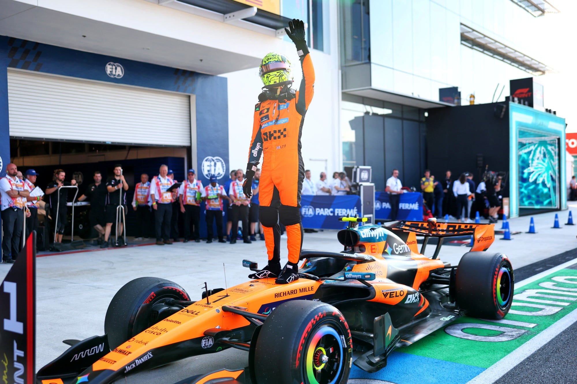 Lando Norris (GBR) McLaren F1 Team MCL40 celebrates his pole position in Sprint qualifying parc ferme.