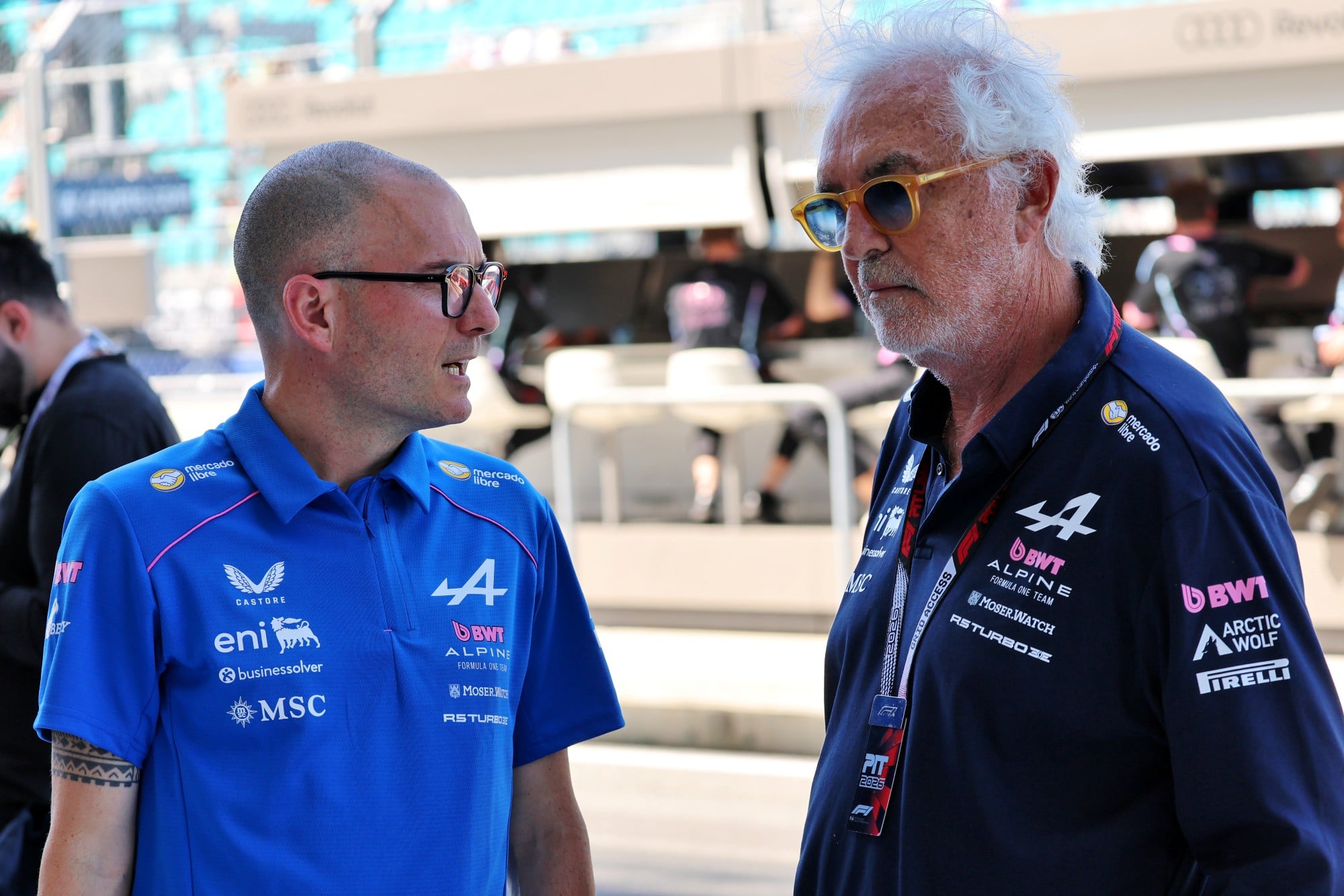 (L to R): David Sanchez (FRA) Alpine F1 Team Executive Technical Director with Flavio Briatore (ITA) Alpine F1 Team Executive Advisor.