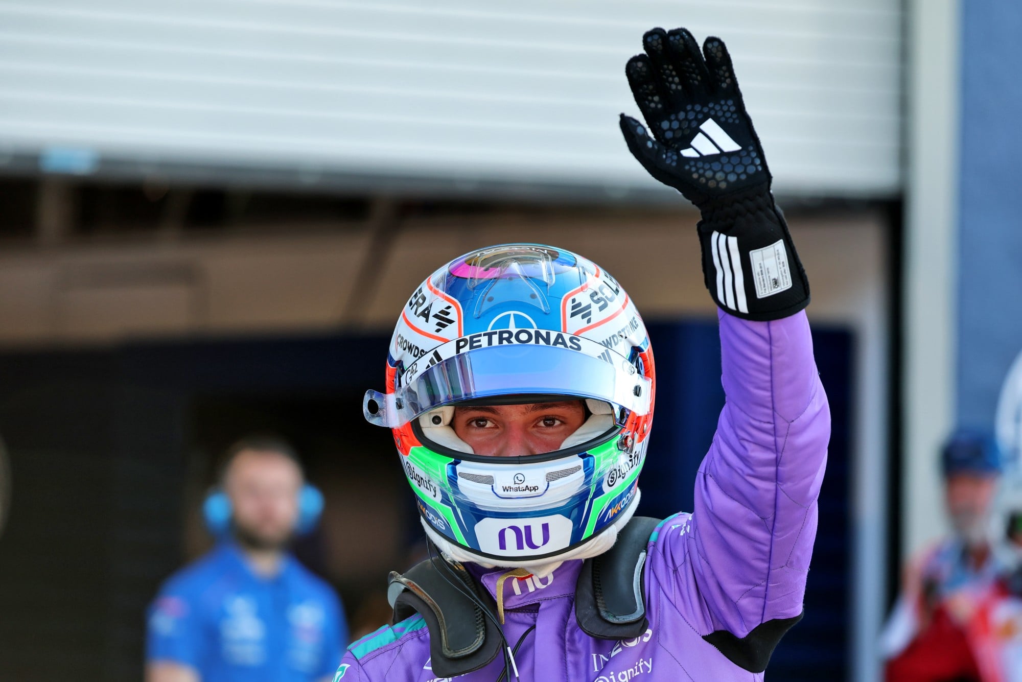 Andrea Kimi Antonelli (ITA) Mercedes AMG Formula One Team celebrates his pole position in qualifying parc ferme.
