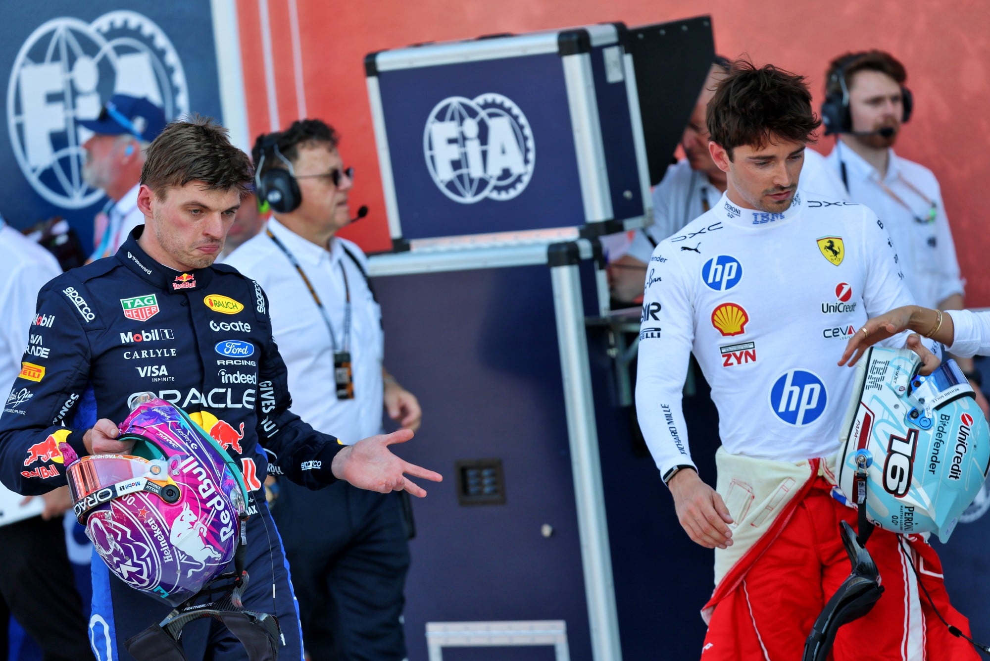 (L to R): Max Verstappen (NLD) Red Bull Racing and Charles Leclerc (MON) Scuderia Ferrari in qualifying parc ferme.