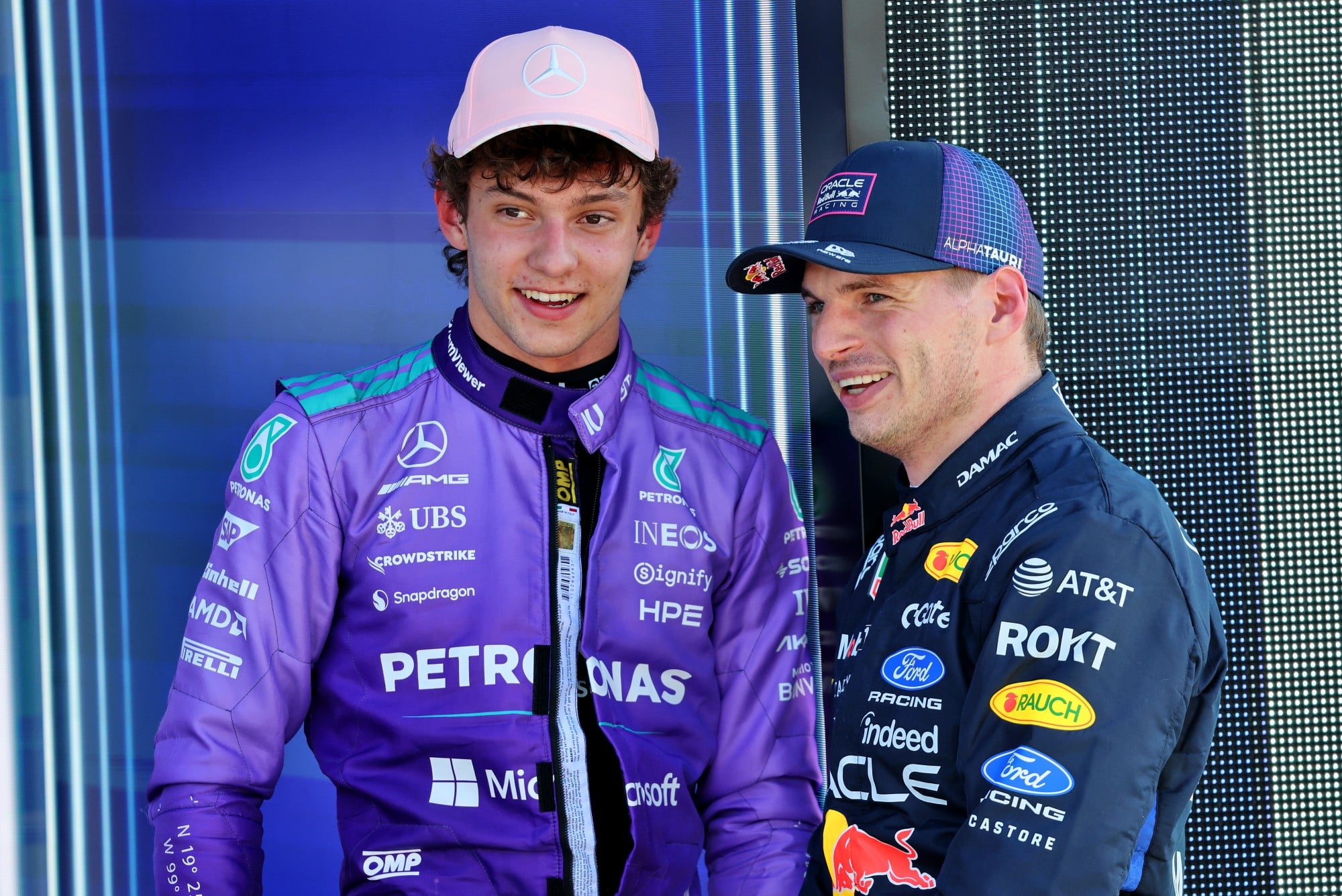 (L to R): Pole sitter Andrea Kimi Antonelli (ITA) Mercedes AMG Formula One Team with Max Verstappen (NLD) Red Bull Racing in qualifying parc ferme.