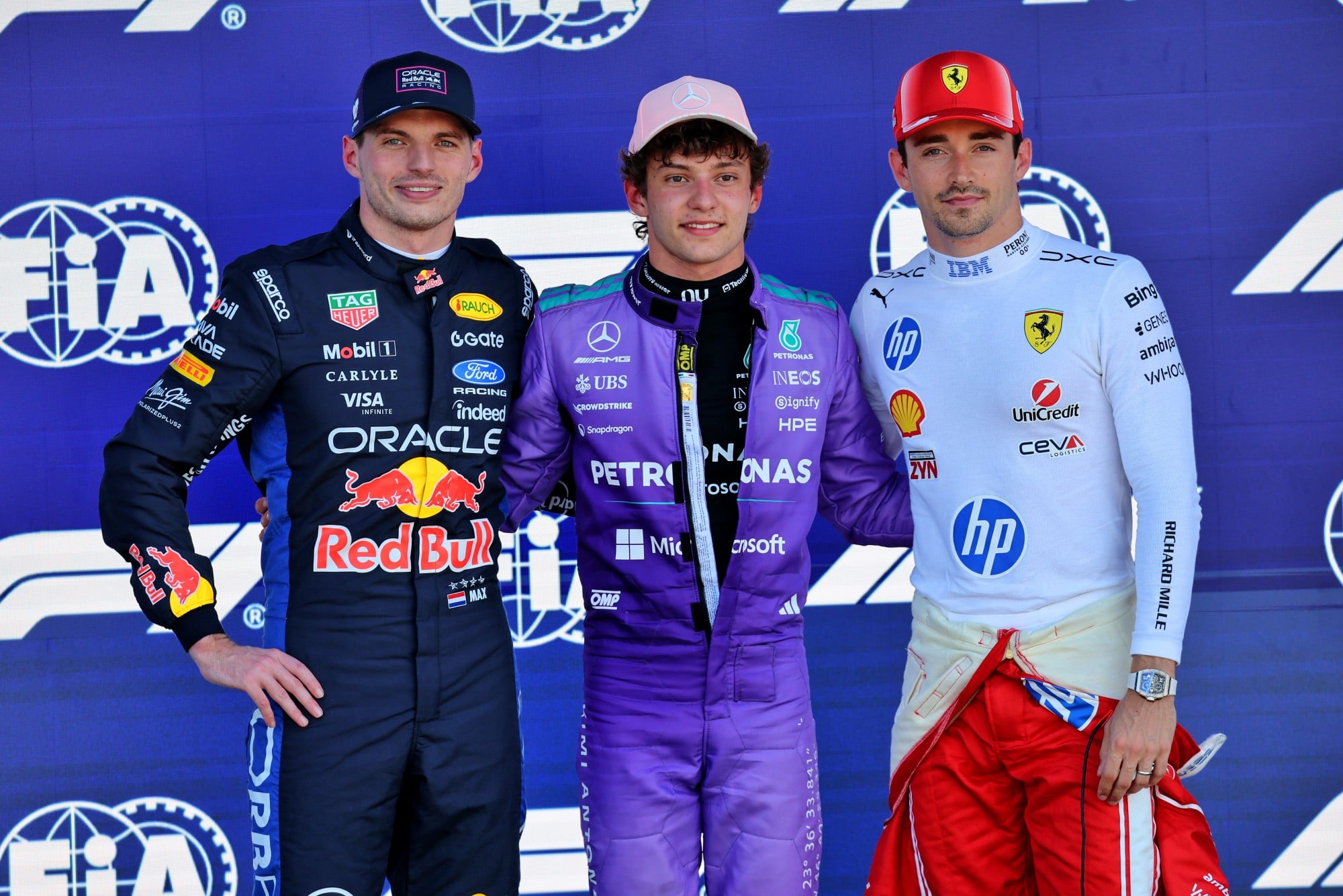 Qualifying top three in parc ferme (L to R): Max Verstappen (NLD) Red Bull Racing, second; Andrea Kimi Antonelli (ITA) Mercedes AMG Formula One Team, pole position; Charles Leclerc (MON) Scuderia Ferrari, third.