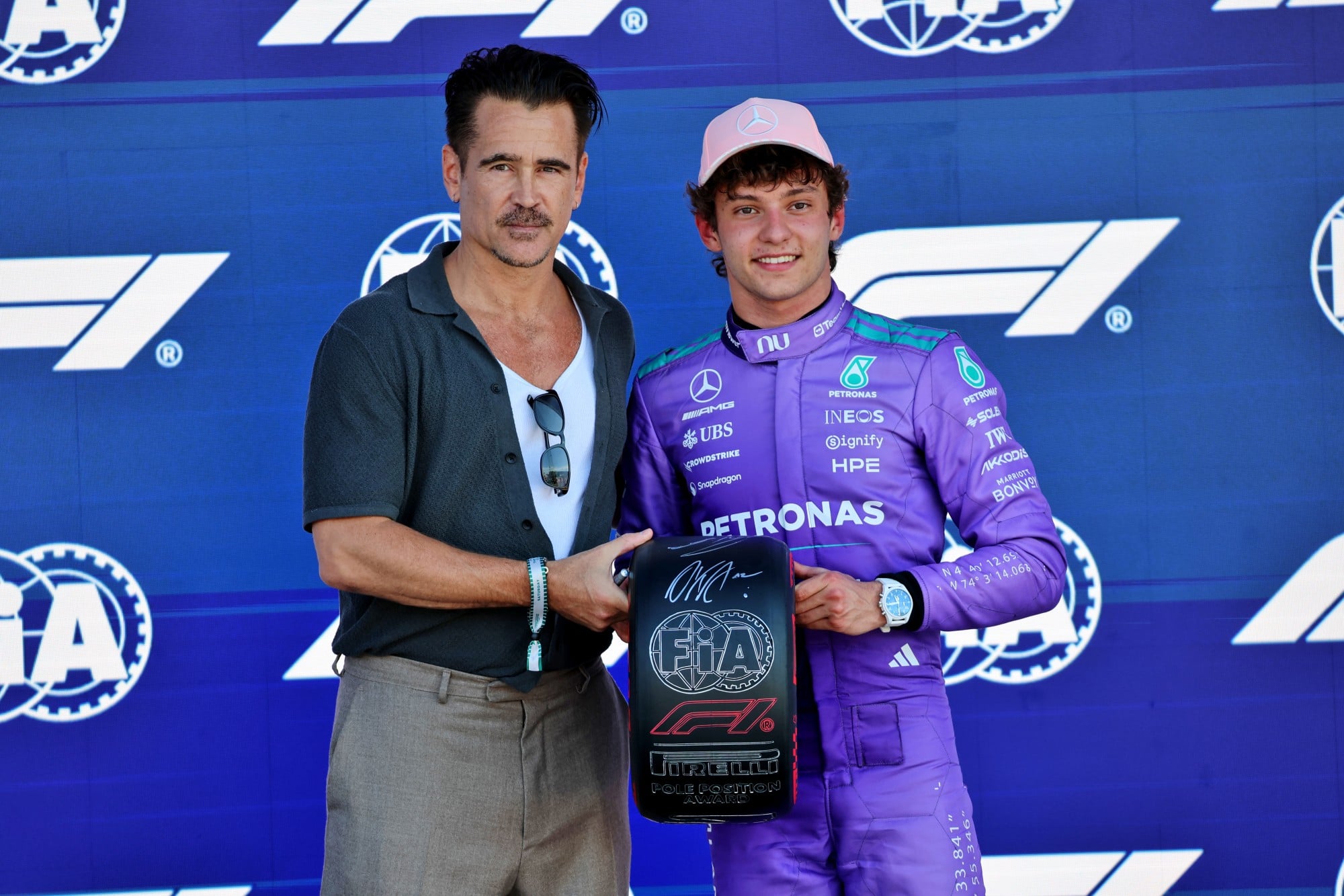 (L to R): Colin Farrell (IRE) Actor presents the Pirelli Pole Position Award to Andrea Kimi Antonelli (ITA) Mercedes AMG Formula One Team in qualifying parc ferme.