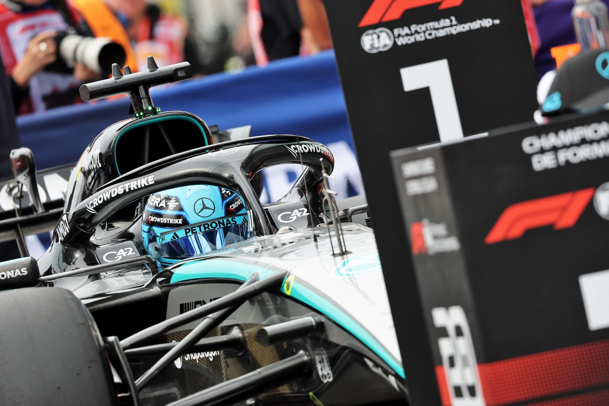 Pole sitter George Russell (GBR) Mercedes AMG Formula One Team W17 in qualifying parc ferme.