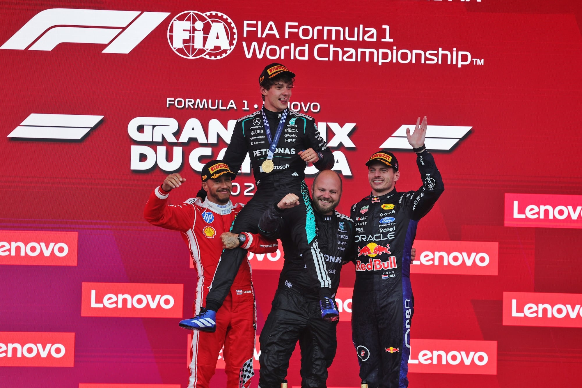 The podium (L to R): Lewis Hamilton (GBR) Scuderia Ferrari, second; Andrea Kimi Antonelli (ITA) Mercedes AMG Formula One Team, race winner; Dean Hale (GBR) Mercedes AMG F1 Formula One Team Senior Travelling Composite Technician; Max Verstappen (NLD) Red Bull Racing, third.