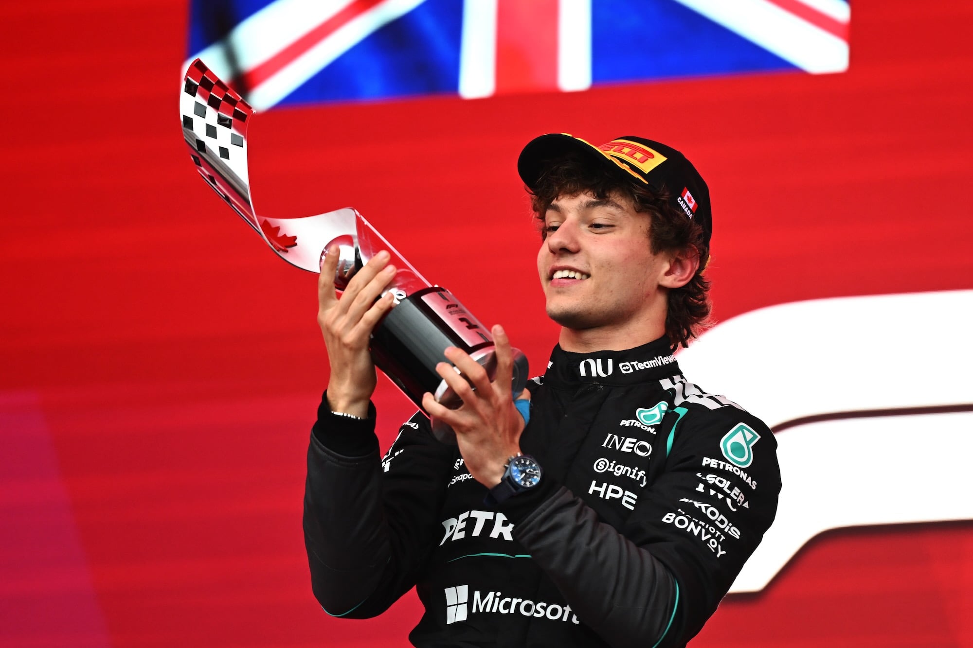 Race winner Andrea Kimi Antonelli (ITA) Mercedes AMG Formula One Team celebrates on the podium.