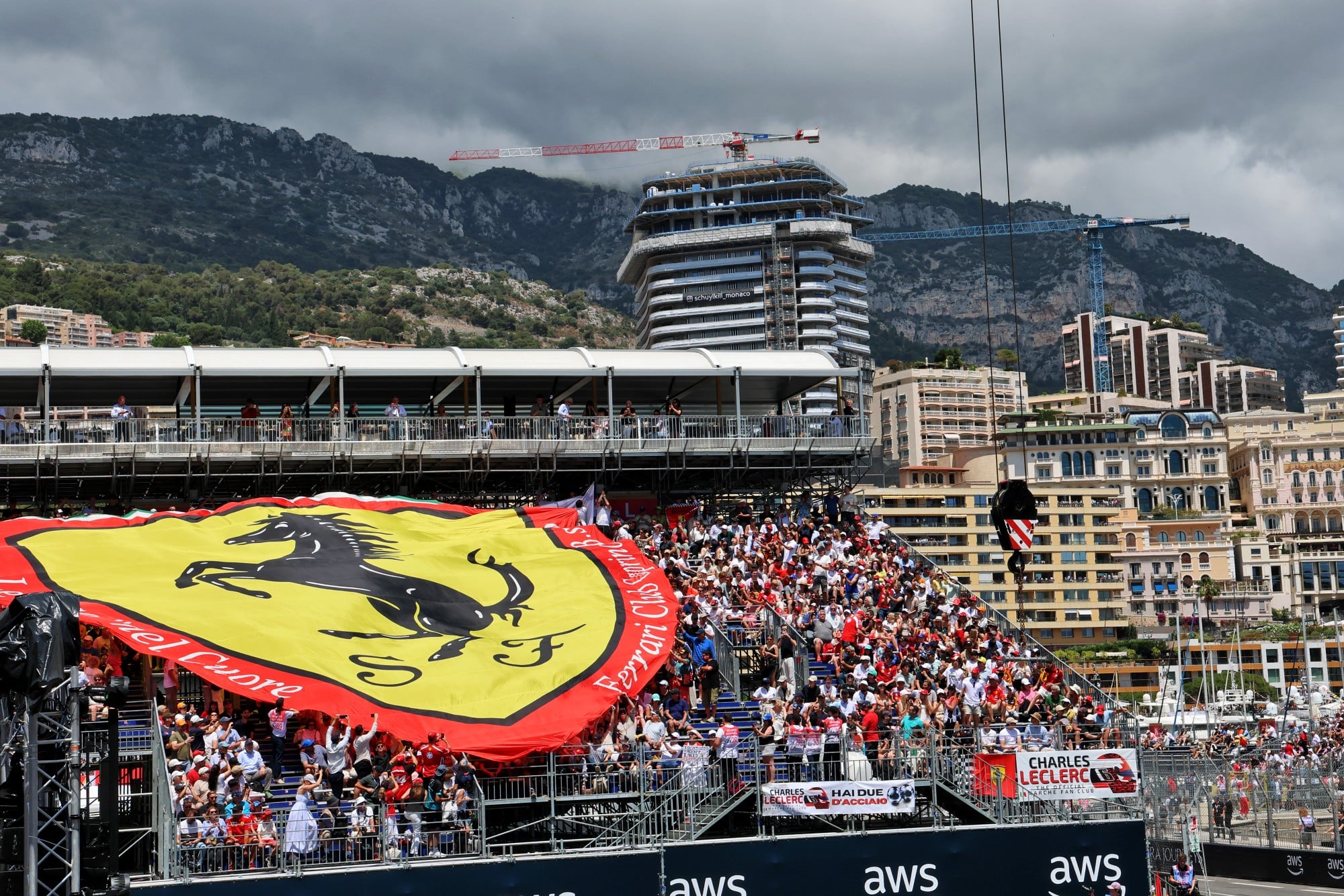 Circuit atmosphere - Ferrari flag in the grandstand.