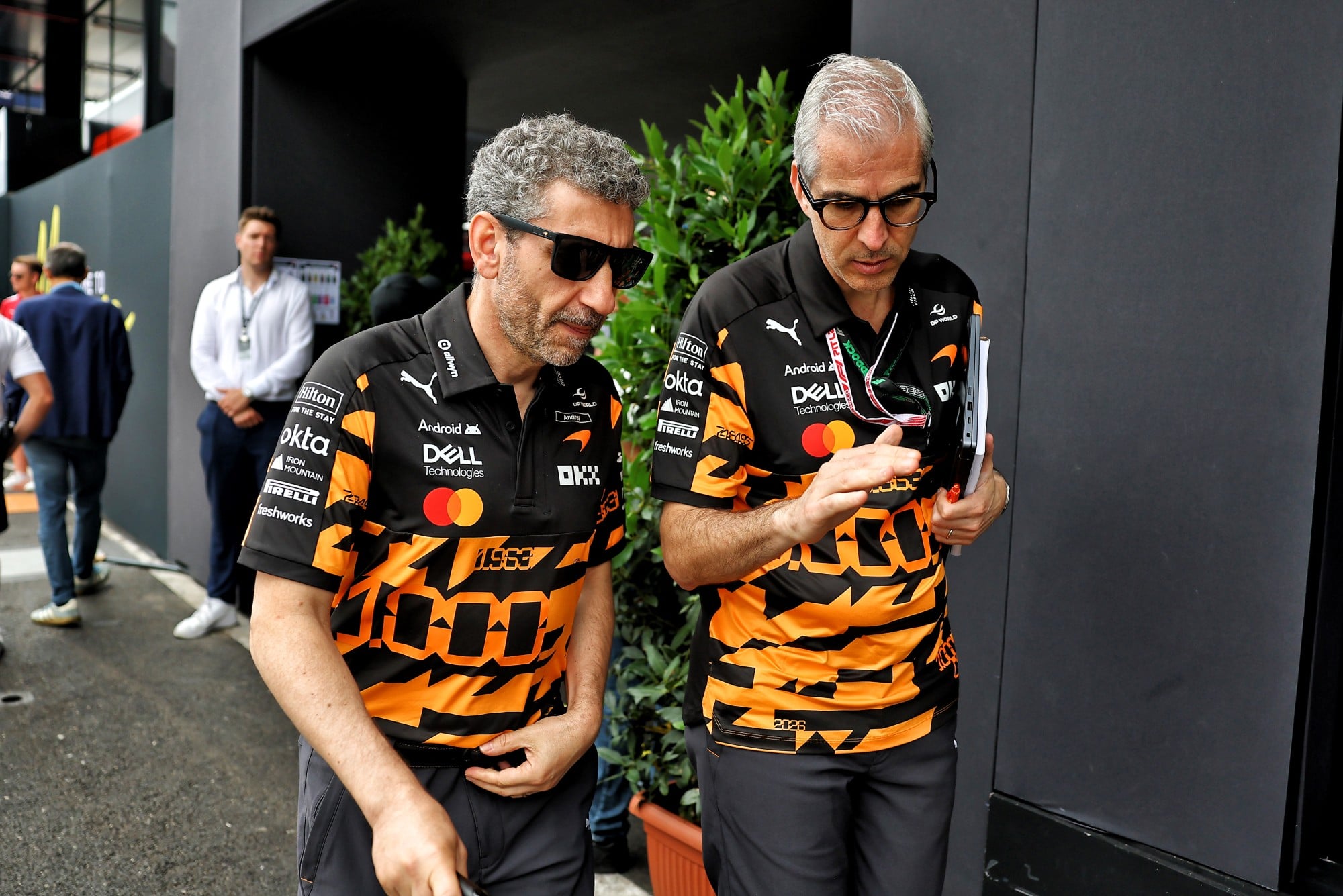 (L to R): Andrea Stella (ITA) McLaren F1 Team Team Principal with Alessandro Alunni Bravi (ITA) McLaren F1 Team Chief Business Affairs Officer.