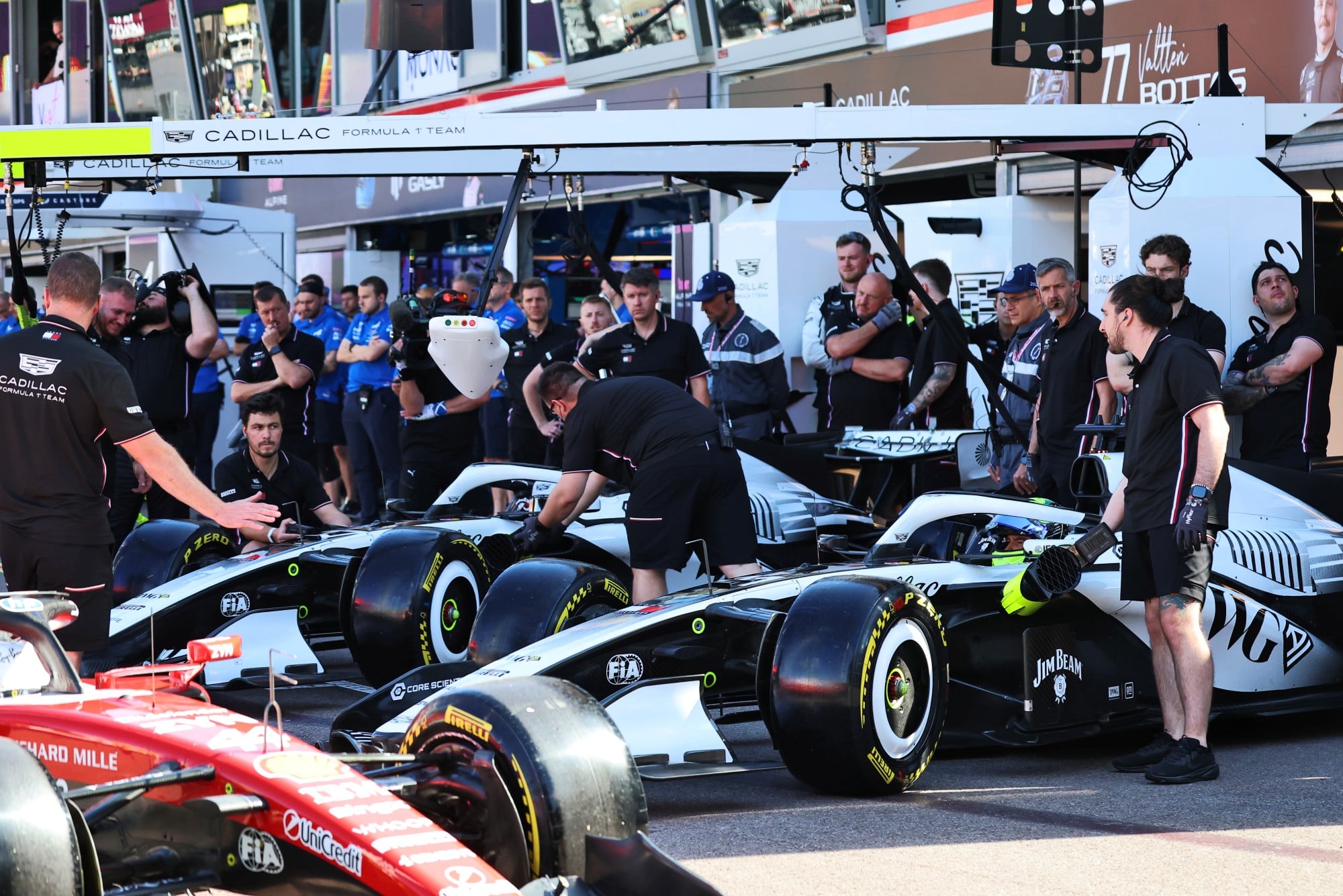 Sergio Perez (MEX) Cadillac Formula 1 Team MAC-26 and Valtteri Bottas (FIN) Cadillac Formula 1 Team MAC-26 in the pits.