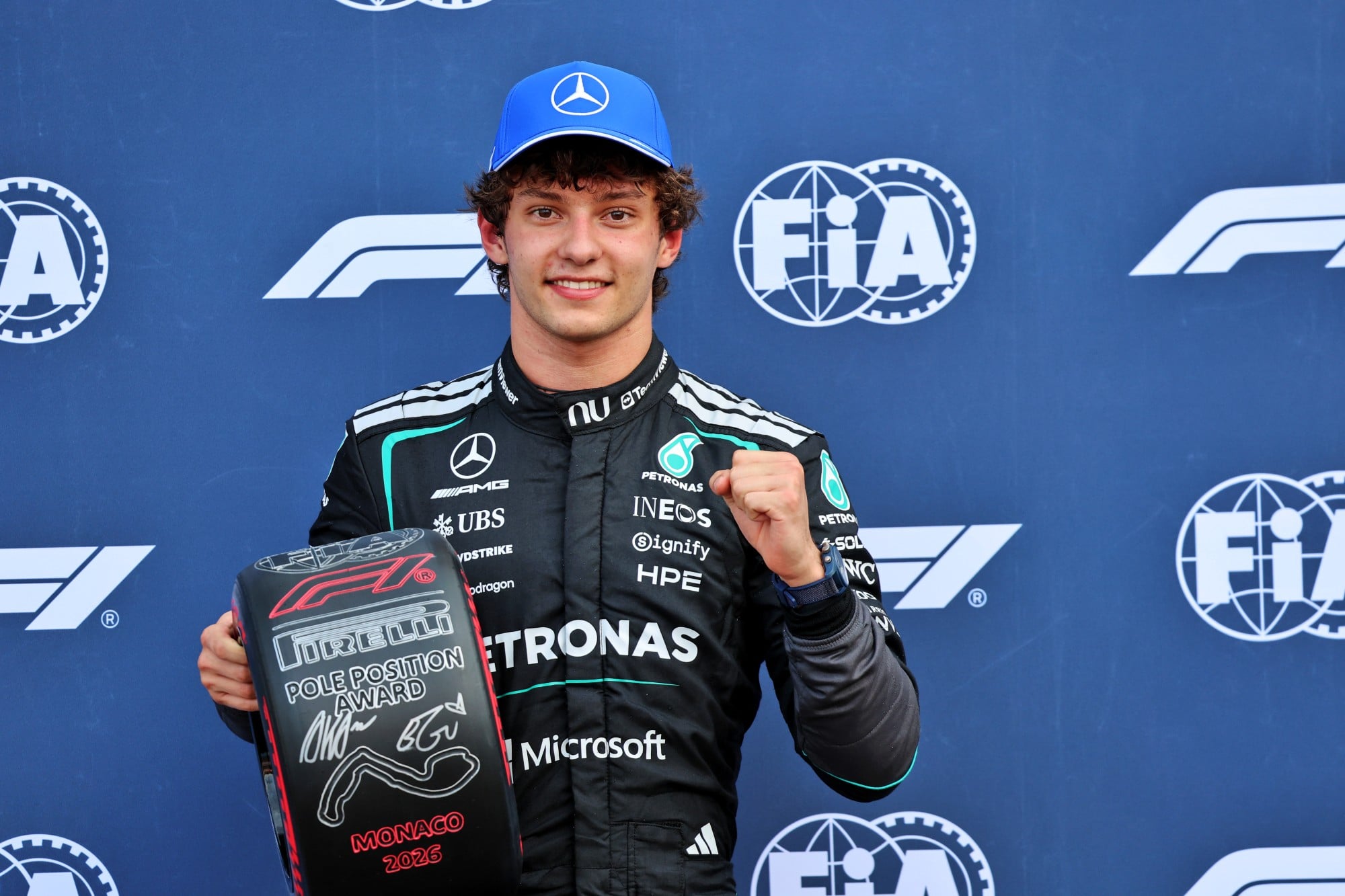 Andrea Kimi Antonelli (ITA) Mercedes AMG Formula One Team celebrates in qualifying parc ferme with the Pirelli Pole Position Award.
