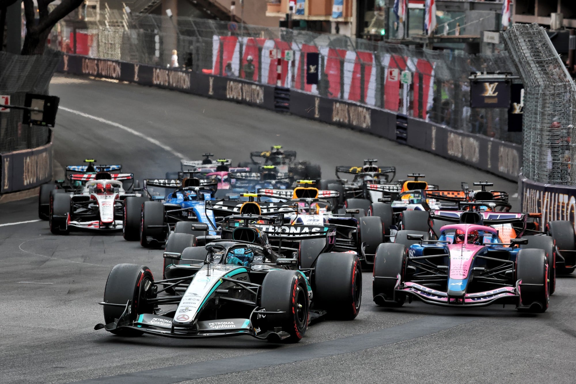 George Russell (GBR) Mercedes AMG Formula One Team W17 and Pierre Gasly (FRA) Alpine F1 Team A526 at the restart of the race.