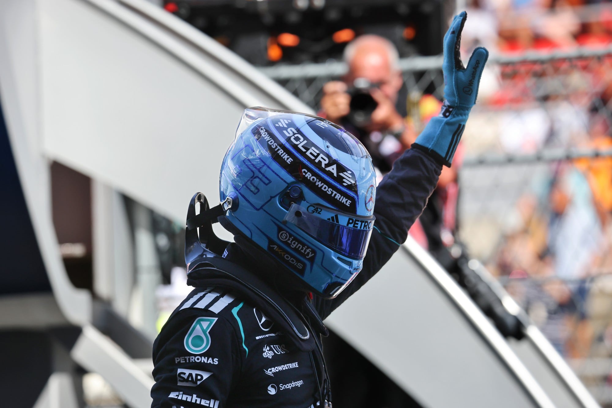 George Russell (GBR) Mercedes AMG Formula One Team celebrates his pole position in qualifying parc ferme.