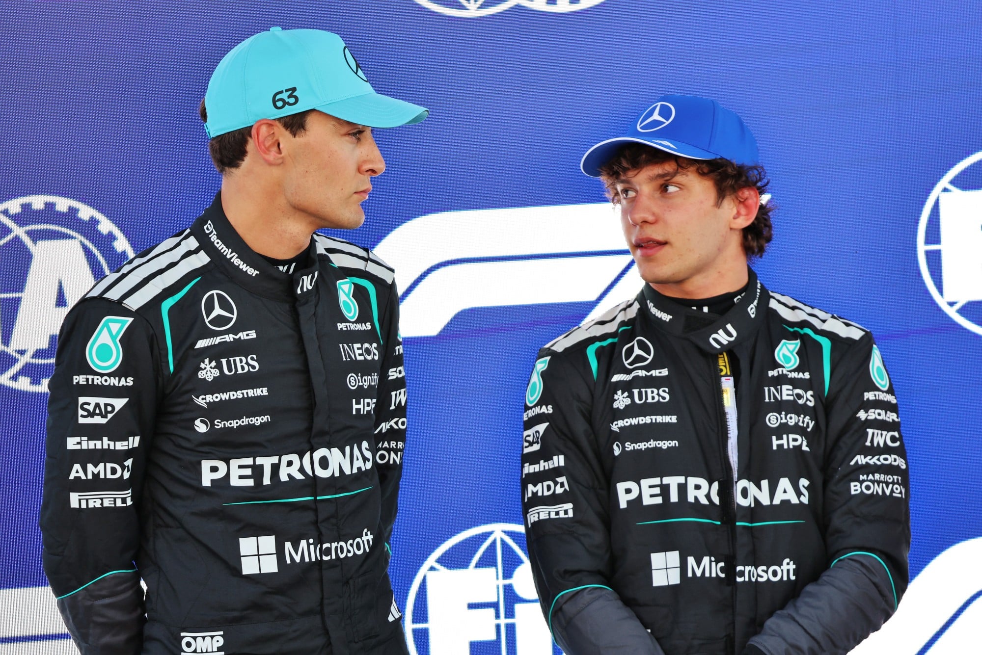 (L to R): Pole sitter George Russell (GBR) Mercedes AMG Formula One Team in qualifying parc ferme with third placed team mate Andrea Kimi Antonelli (ITA) Mercedes AMG Formula One Team.