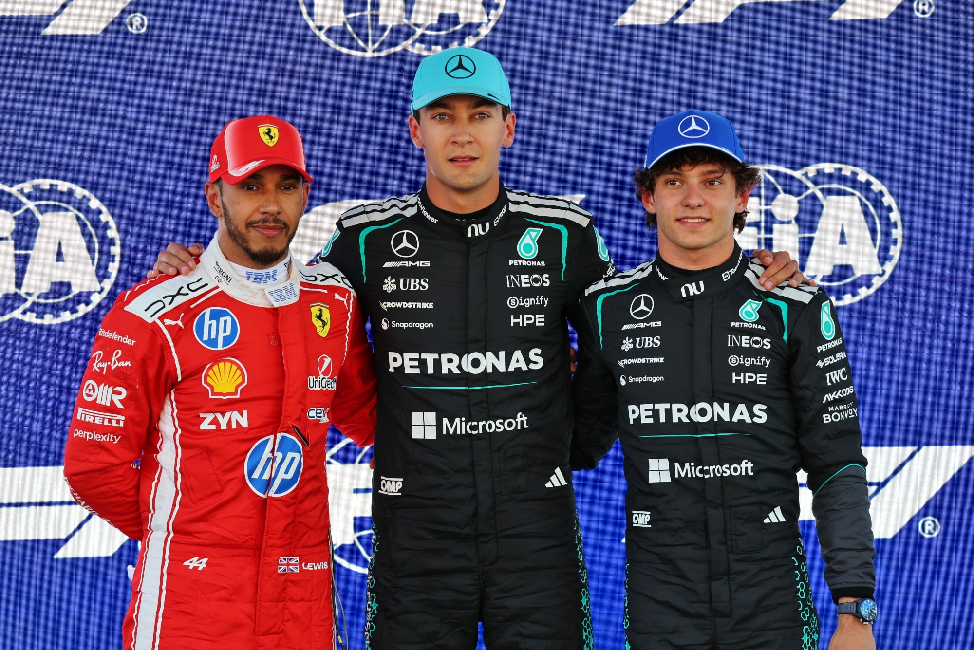 Qualifying top three in parc ferme (L to R): Lewis Hamilton (GBR) Scuderia Ferrari, second; George Russell (GBR) Mercedes AMG Formula One Team, pole position; Andrea Kimi Antonelli (ITA) Mercedes AMG Formula One Team, third.